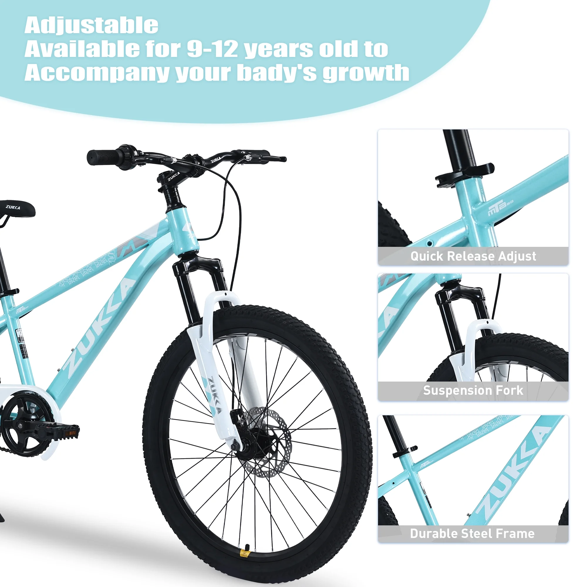 24 Inch Mountain Bike, Kids Mountain Bicycle with Front Suspension Fork and Double Disc Brake, Steel Frame Kids MTB Bike for Boys and Girls Age 9-12 Years, Cyan
