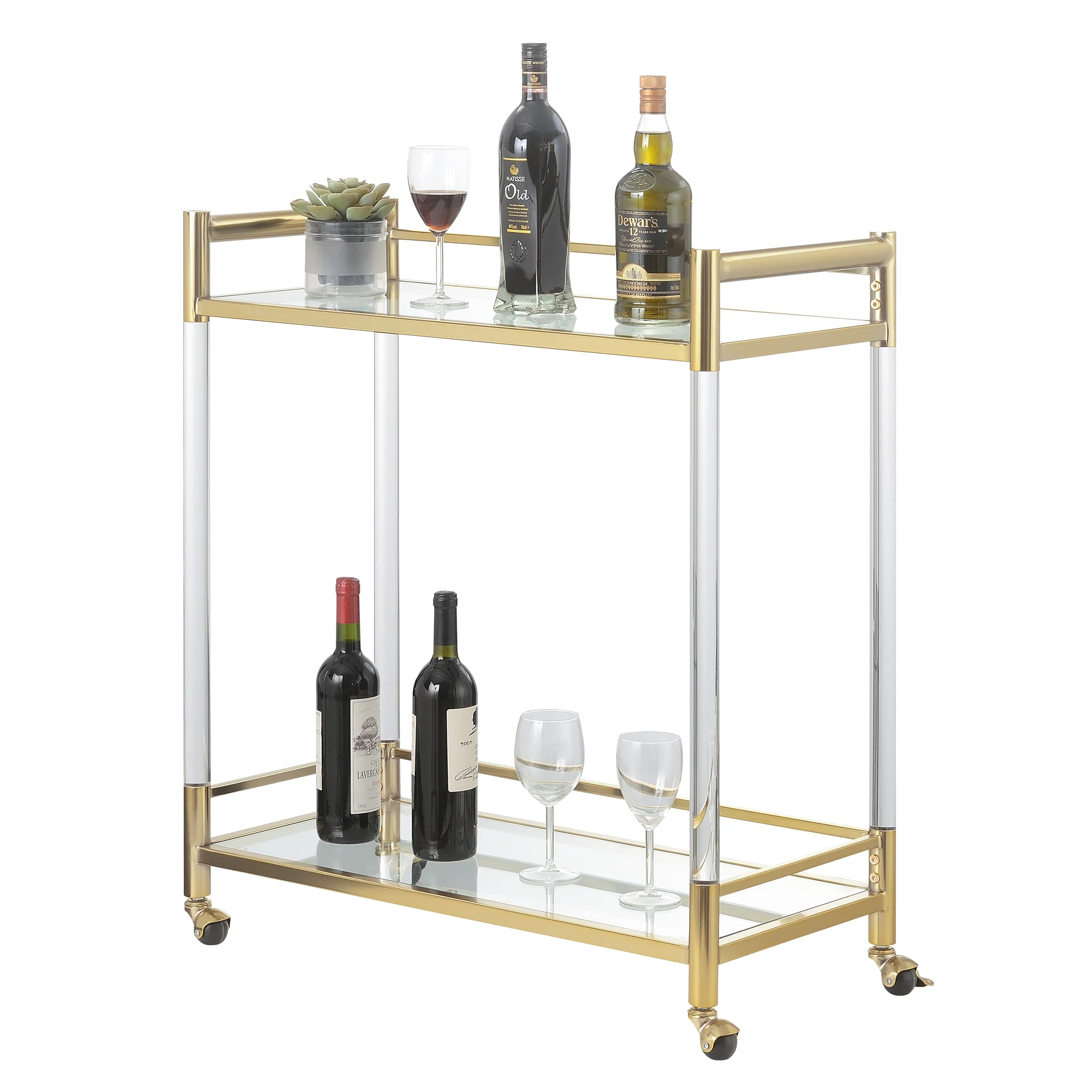 Convenience Concepts Royal Crest 2 Tier Acrylic Glass Bar Cart, Gold/Glass