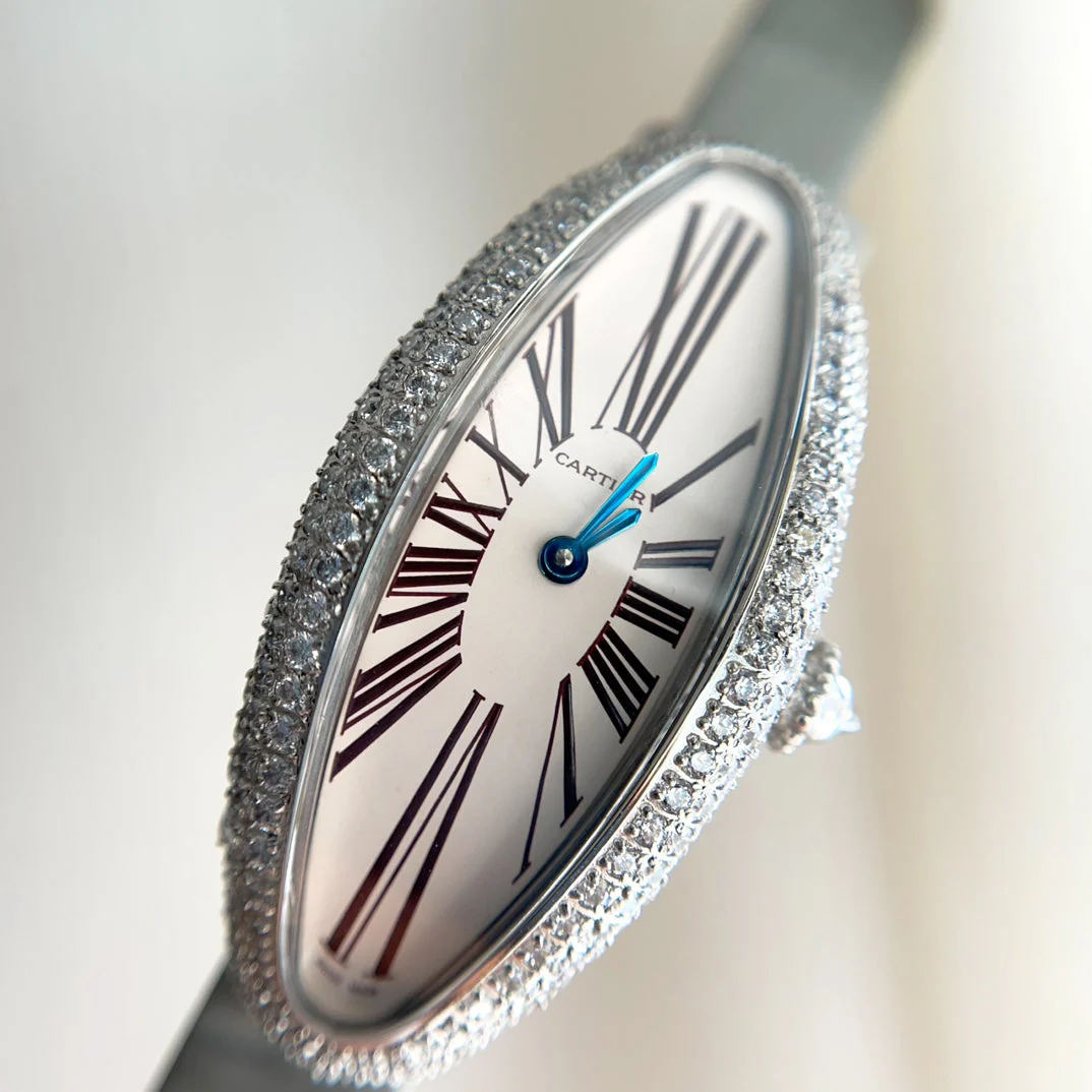 Cartier Watch Vintage Baignoire 21mm Silver Diamond Case Grey Leather
