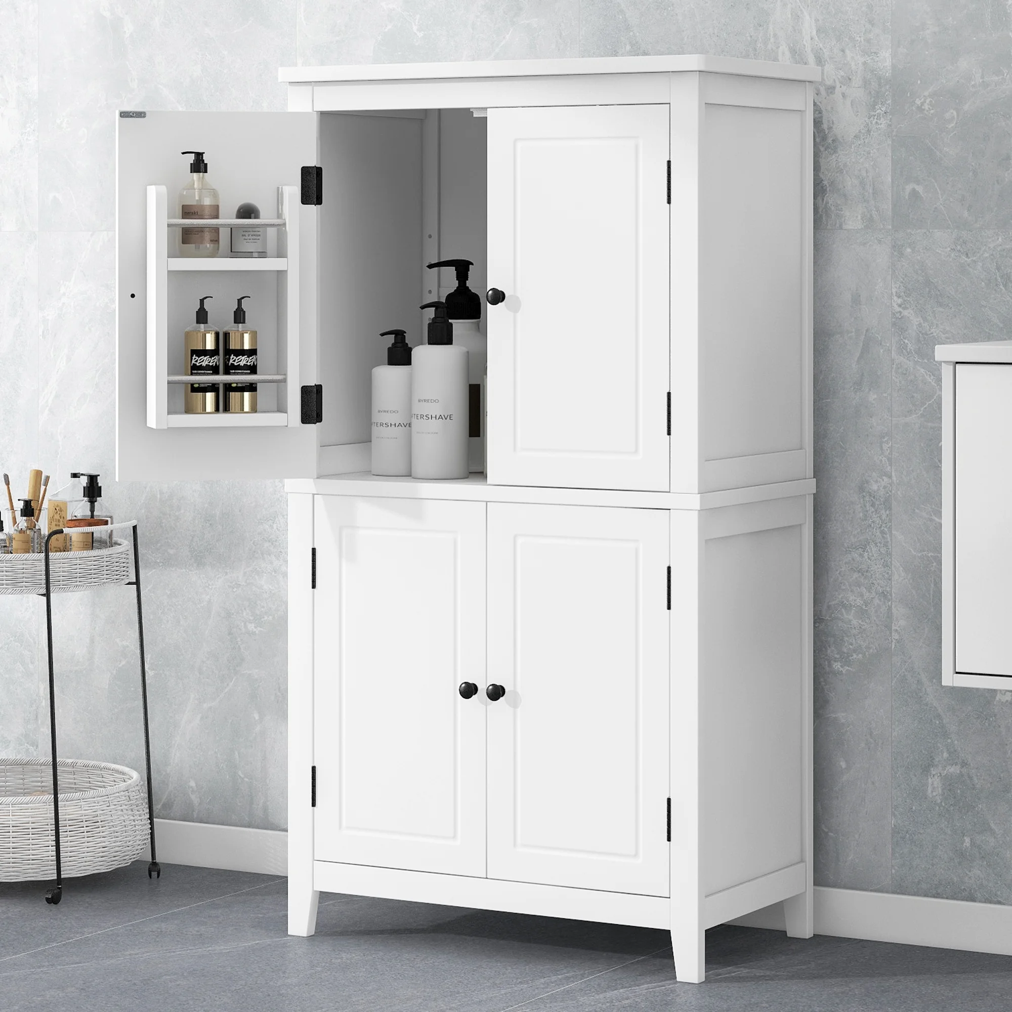 EUROCO Bathroom Floor Storage Cabinet,Bathroom Storage Unit,Freestanding Cabinet with 4 Doors,Adjustable Shelves,Adaptable Shelves,11.8 x 23.6 x 43.3 Inches,White