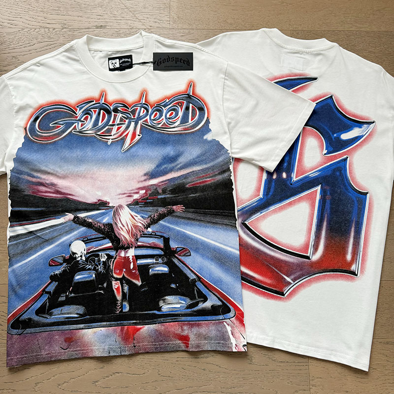 White female racing driver lane sky print short-sleeved shirt