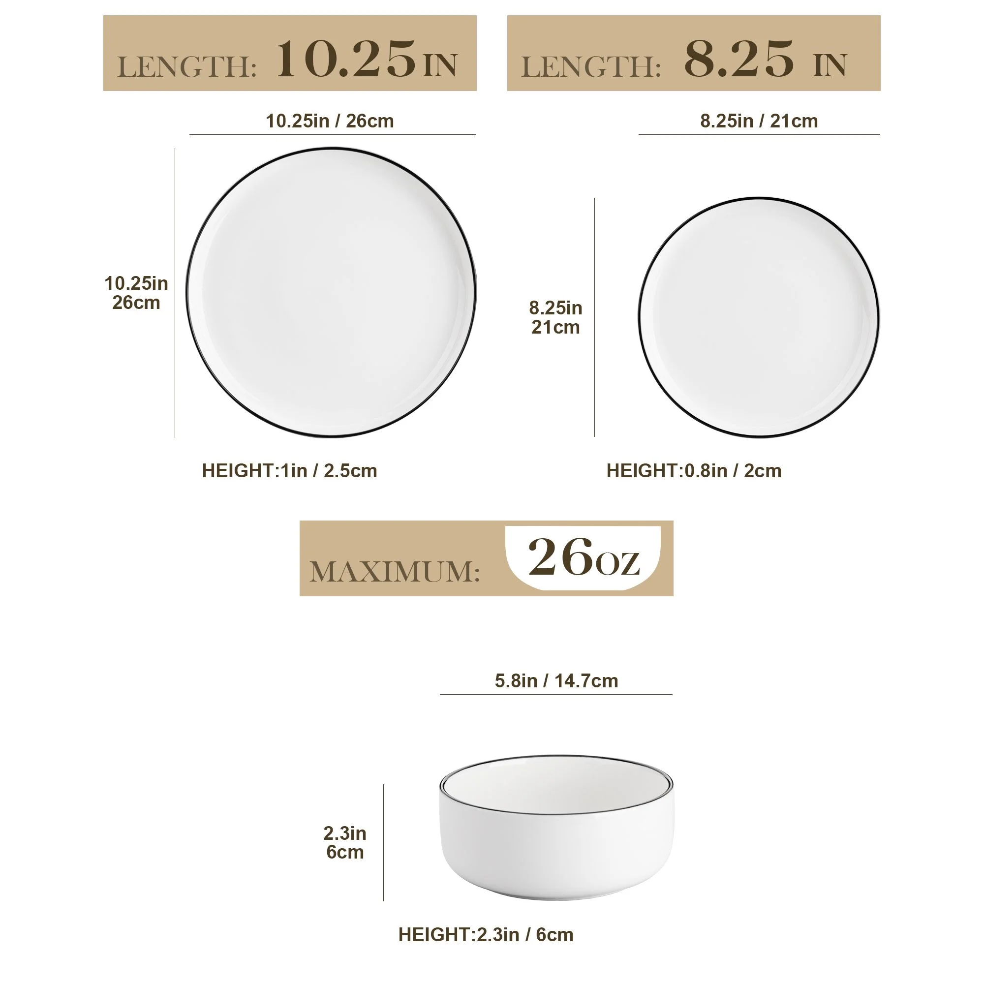 vancasso 36 Pieces Dinnerware Sets, Plates and Bowls Set for 8, Porcelain Dinner Set, White with Black Rim