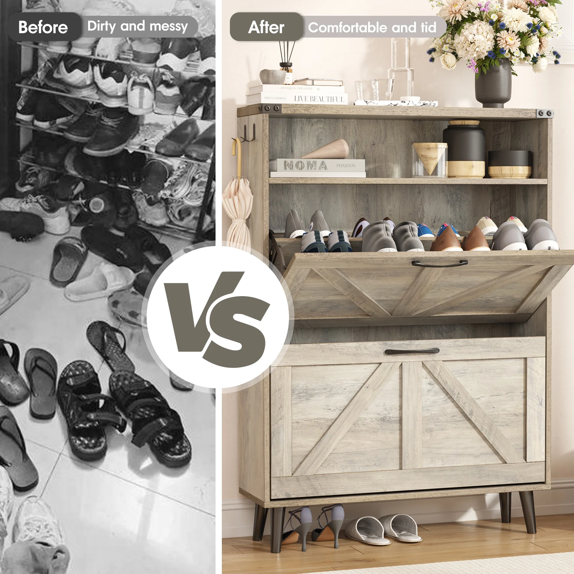 Veanerwood Shoe Cabinet with 2 Flip Drawers Farmhouse Shoe Storage Cabinet Organizer for Entryway, Gray