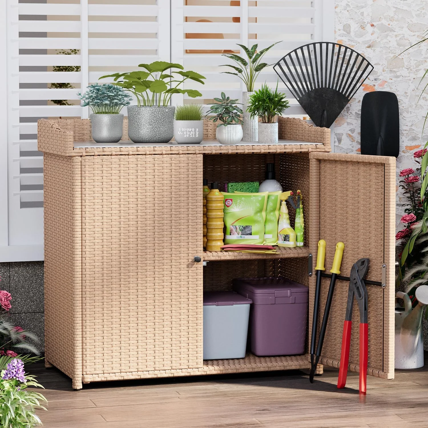 YODOLLA Outdoor Wicker Storage Cabinet, Wicker Rattan Storage Cabinet with 2 Doors, Potting Benches, Beige