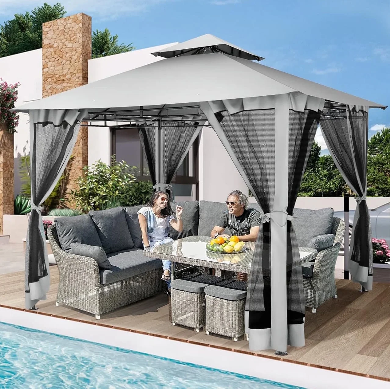 Hoteel 10x10 Gazebos for Patios, Canopy Tent Outdoor Gazebo Backyard Gazebo Patio with Mosquito Netting and Double Roof for Party, Wedding, BBQ and Event, Gray