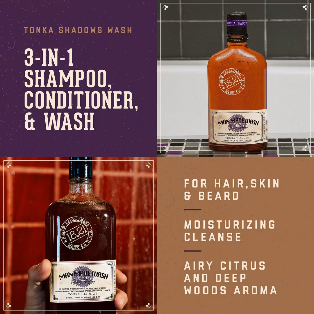 18.21 Man Made  Tonka Shadows Shampoo, Conditioner and Body Wash