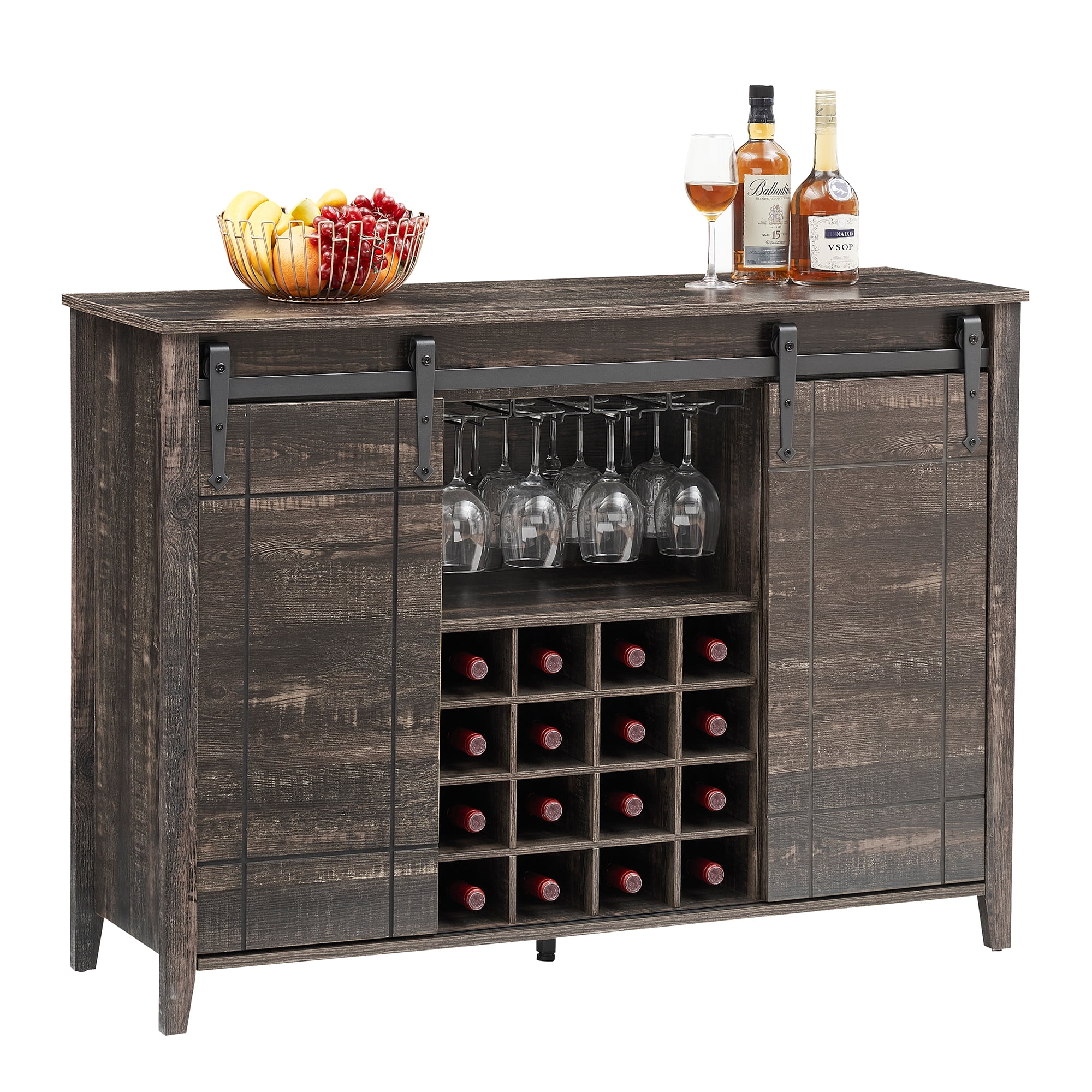 Farmhouse Coffee Bar Cabinet with Storage, 47’�?Wine Bar Cabinet with Sliding Barn Door, Buffet Sideboard Cabinet with 16 Bottle Wine Rack for Dining, Living Room