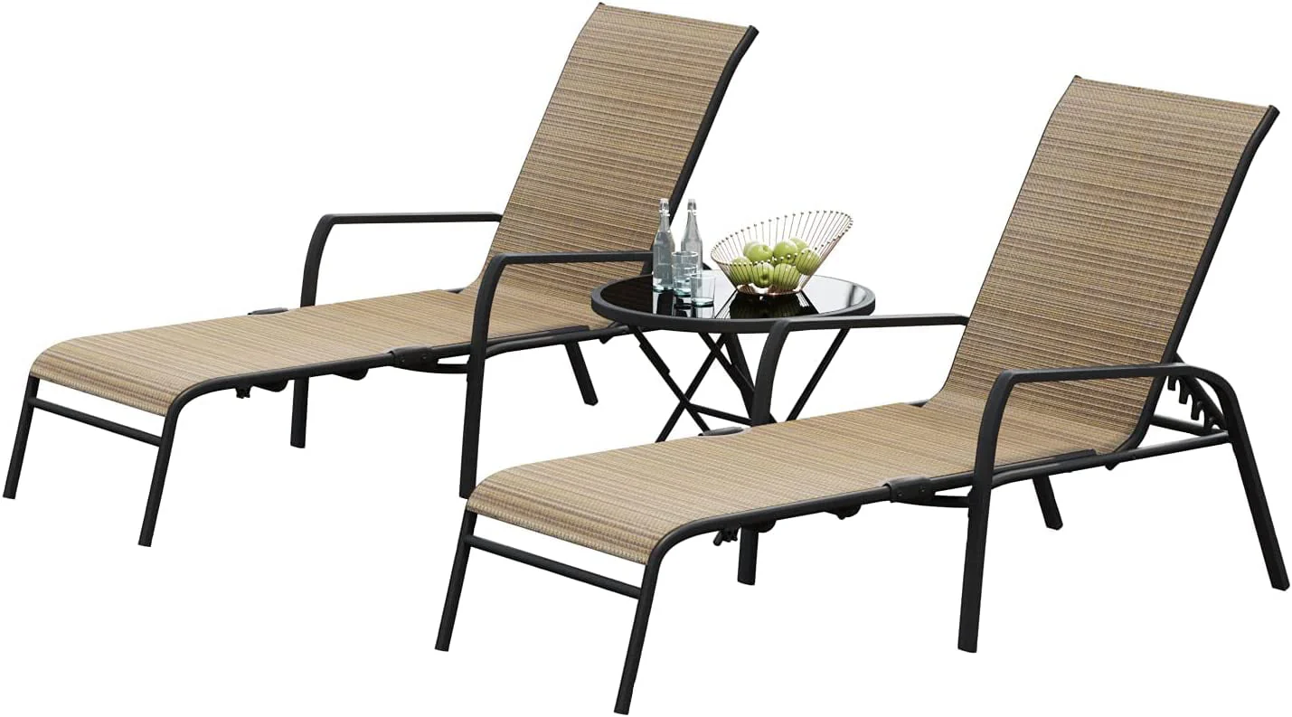 Devoko 3 Pcs Outdoor Chaise Lounge Steel Chair Sets Adjustable Backrest with Tempered Glass, Beige