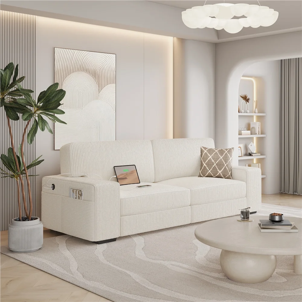 Renwick 83.5'' W 2-Seater Modern Corduroy Fabric Sofa Couch with USB Charging Ports, All Ages, Ivory