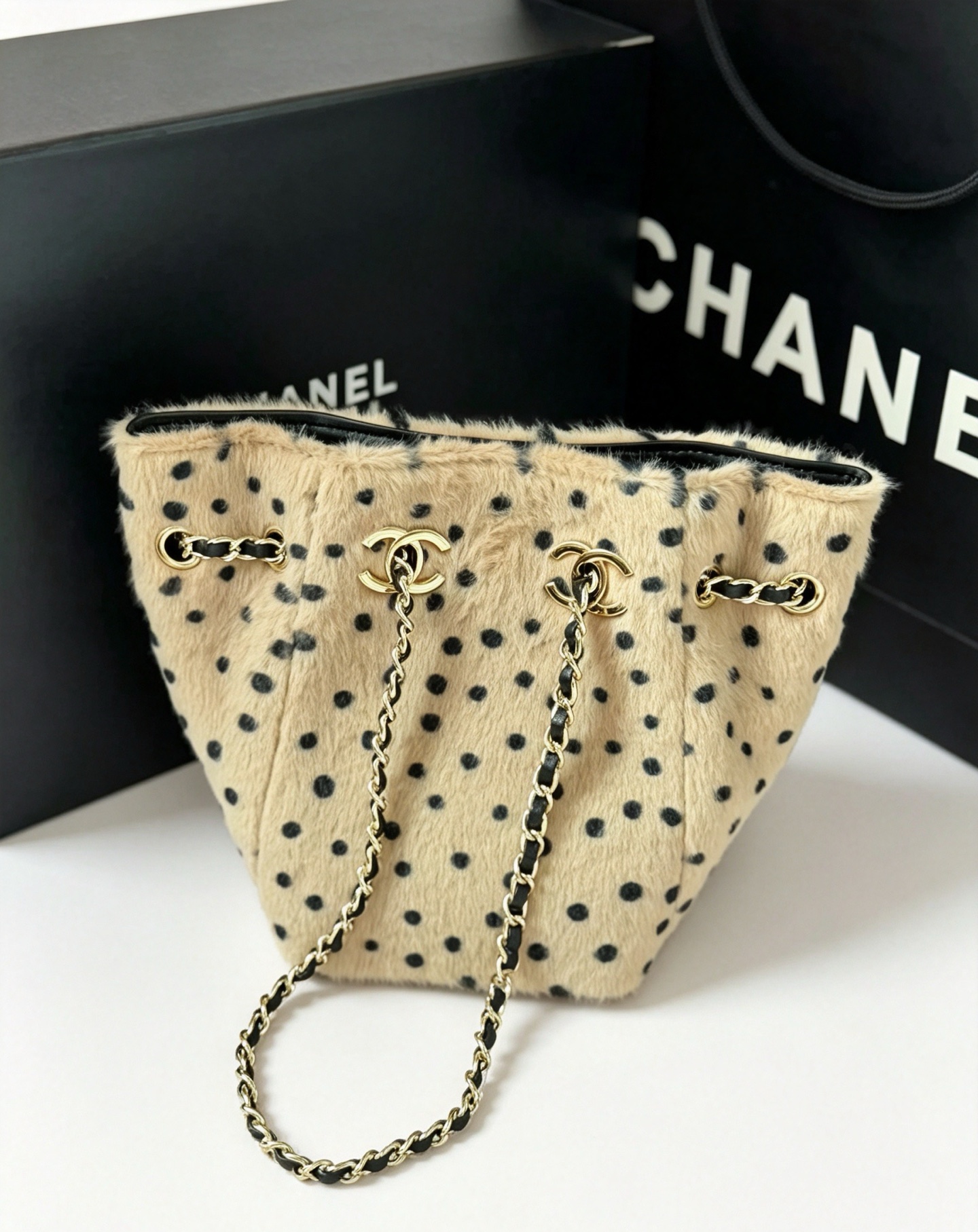 Chanel Style Polka Dot Shearling Bucket Bag
