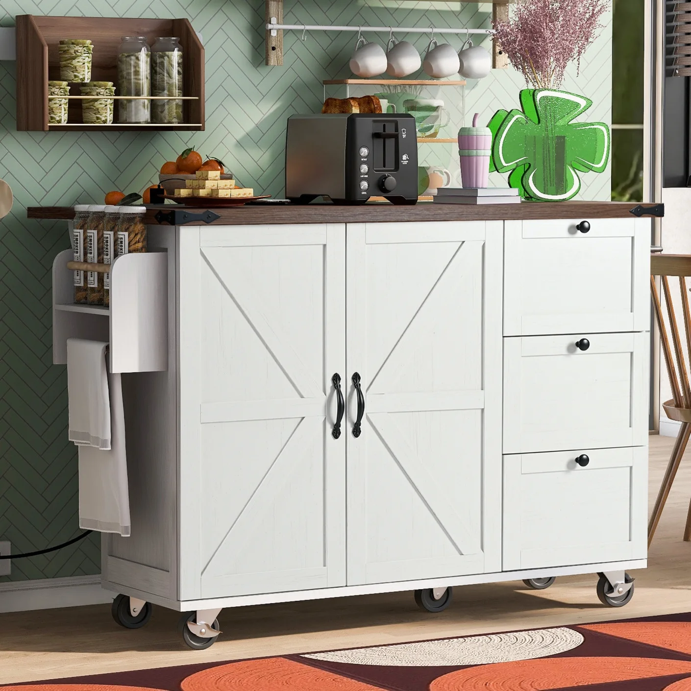 54.5" Rolling Kitchen Island Cart, Farmhouse Kitchen Island with Power Outlet, 4 Door Cabinet and 2 Drawers, Kitchen Storage Cart for Kitchen, Dining Room