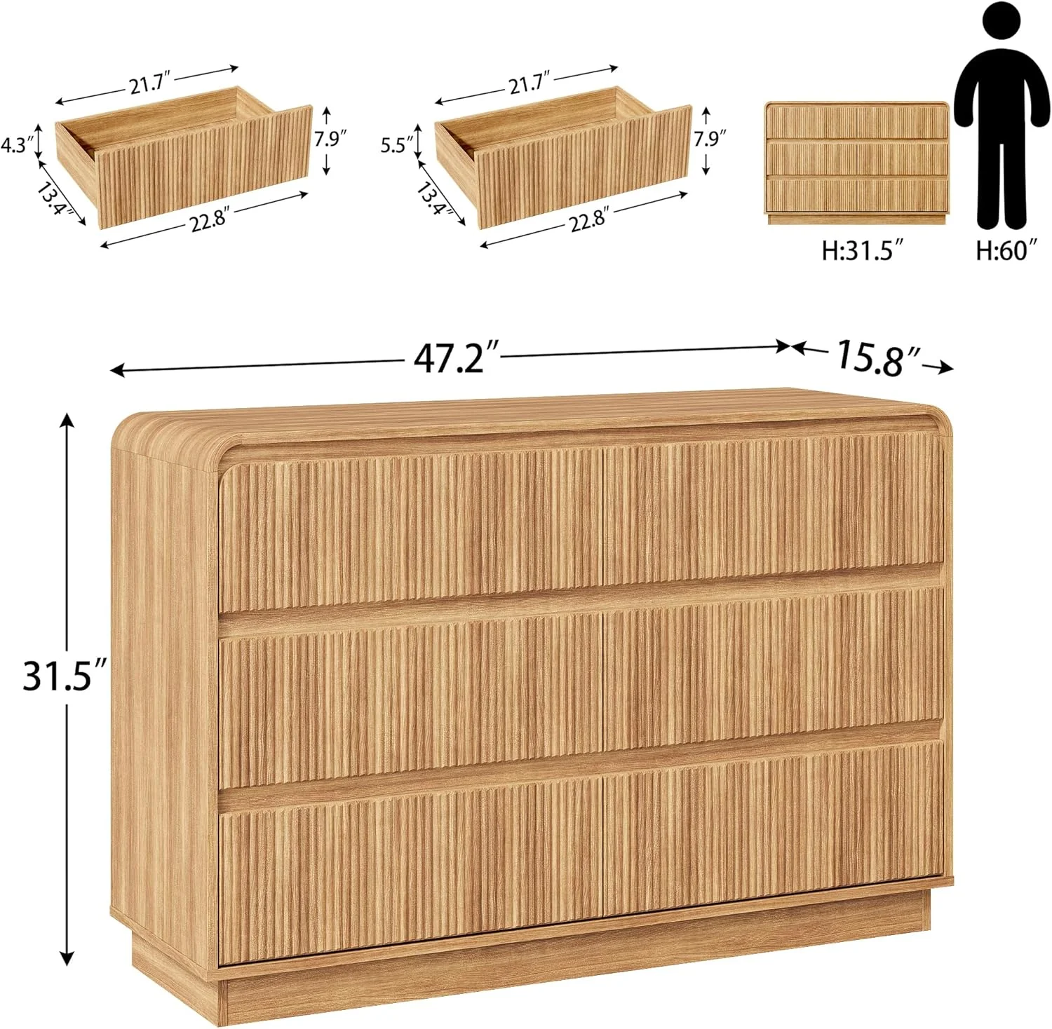 Pipleo 48" Fluted 6 Drawer Dresser, Curved Design for Bedroom/Living Room