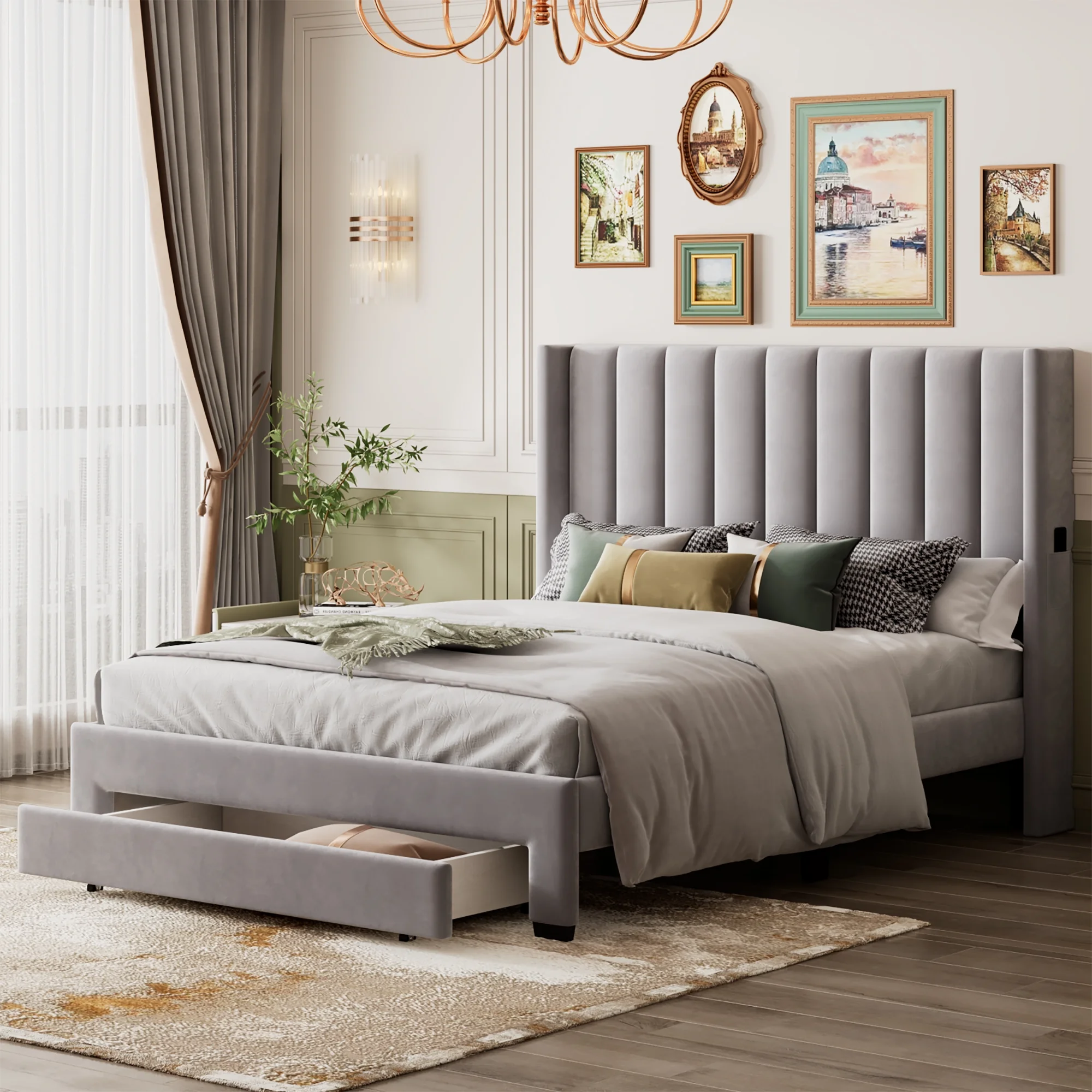 Queen Upholstered Storage Bed, Gray Velvet Upholstered Wood Platform Bed with Headboard and A Big Drawer, No Box Spring Needed, Modern Furniture Queen Size Bed Frame, 800lbs Capacity