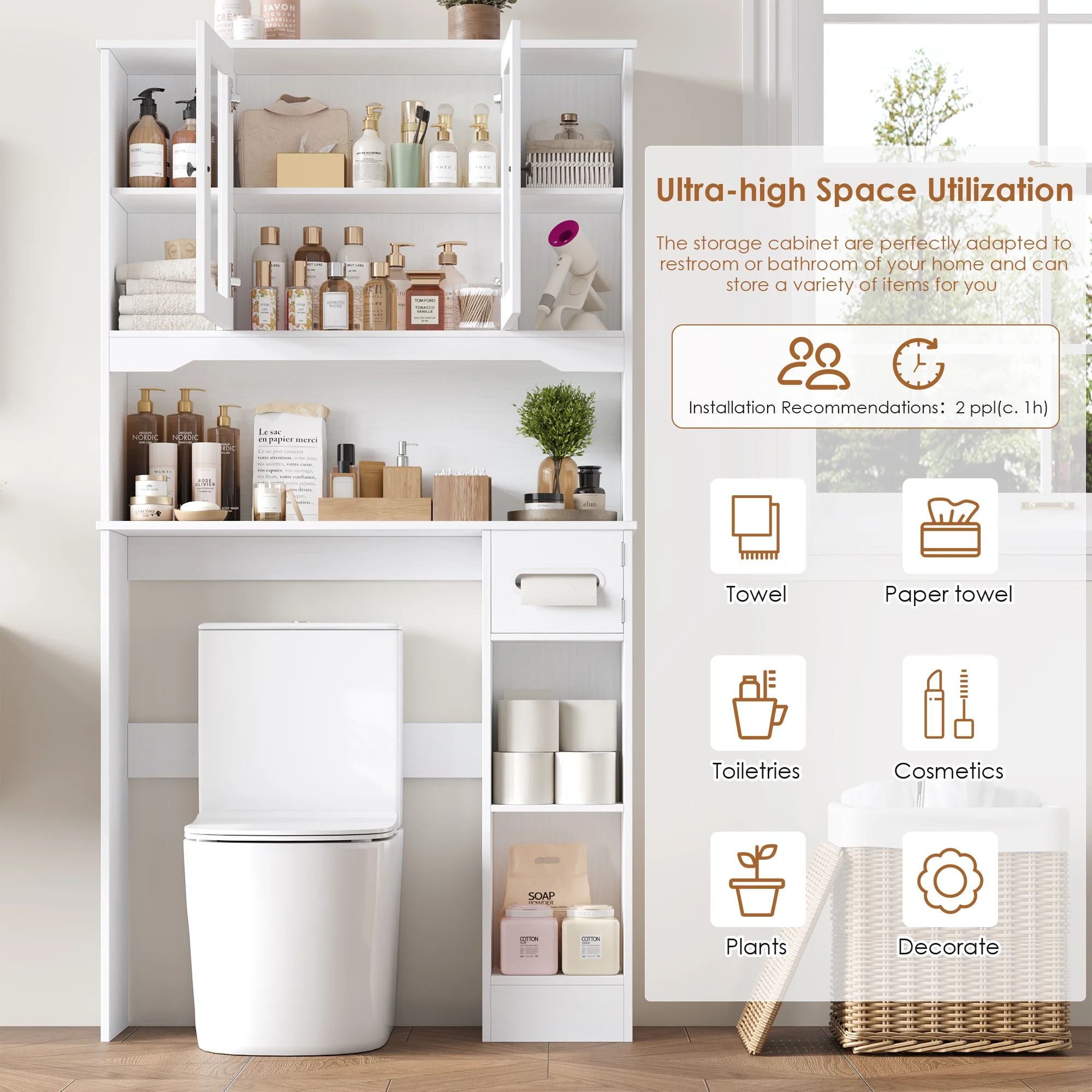 Homfa Over The Toilet Storage Cabinet with Toilet Paper Holder Stand, Above Toilet Organizer with Glass Doors, Behind Toilet Shelf for Restroom, Bathroom, Laundry, White