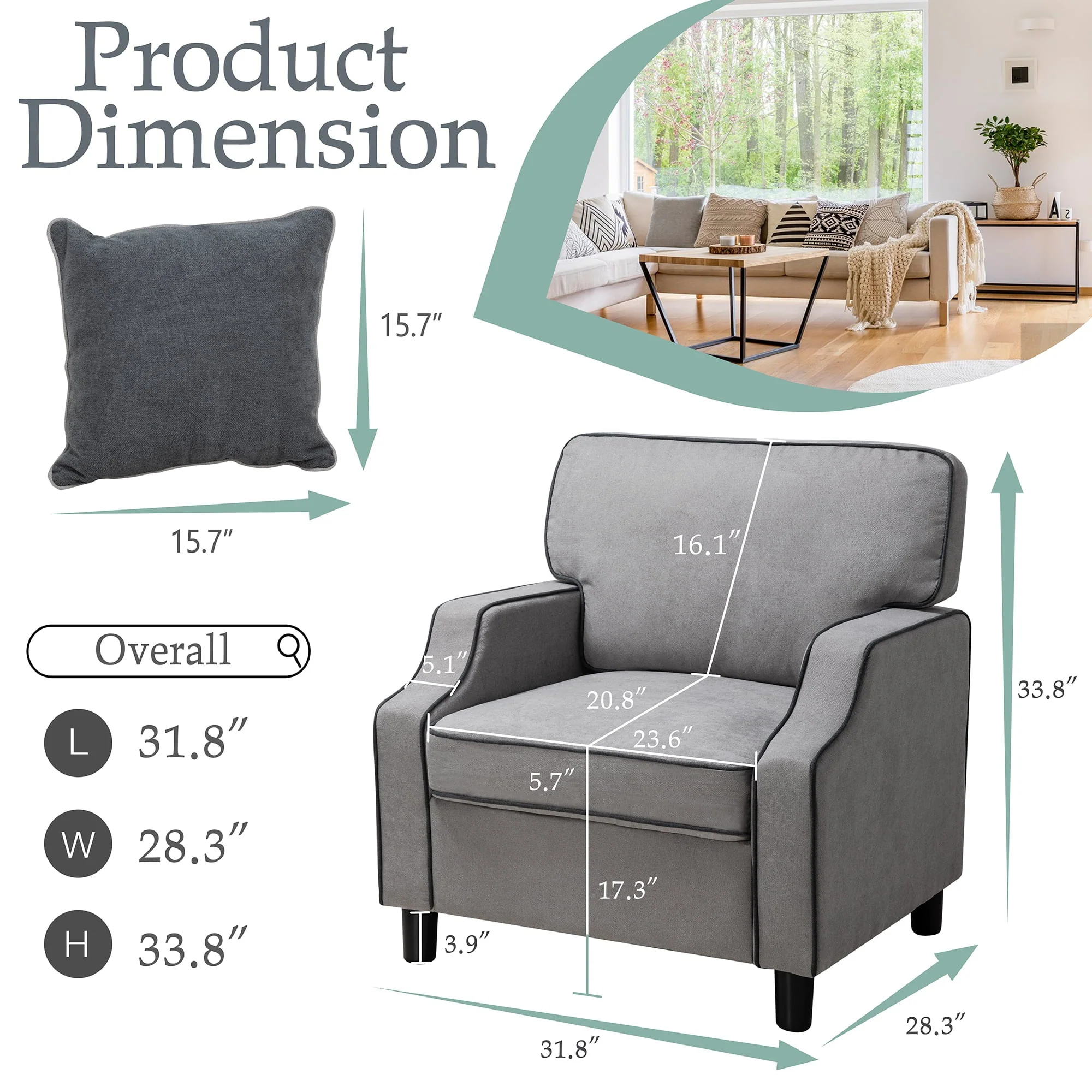 Sobaniilo  32" Accent Chair Modern Upholstered Arm Chair Sofa with One Pillow for Living Room, Light Gray