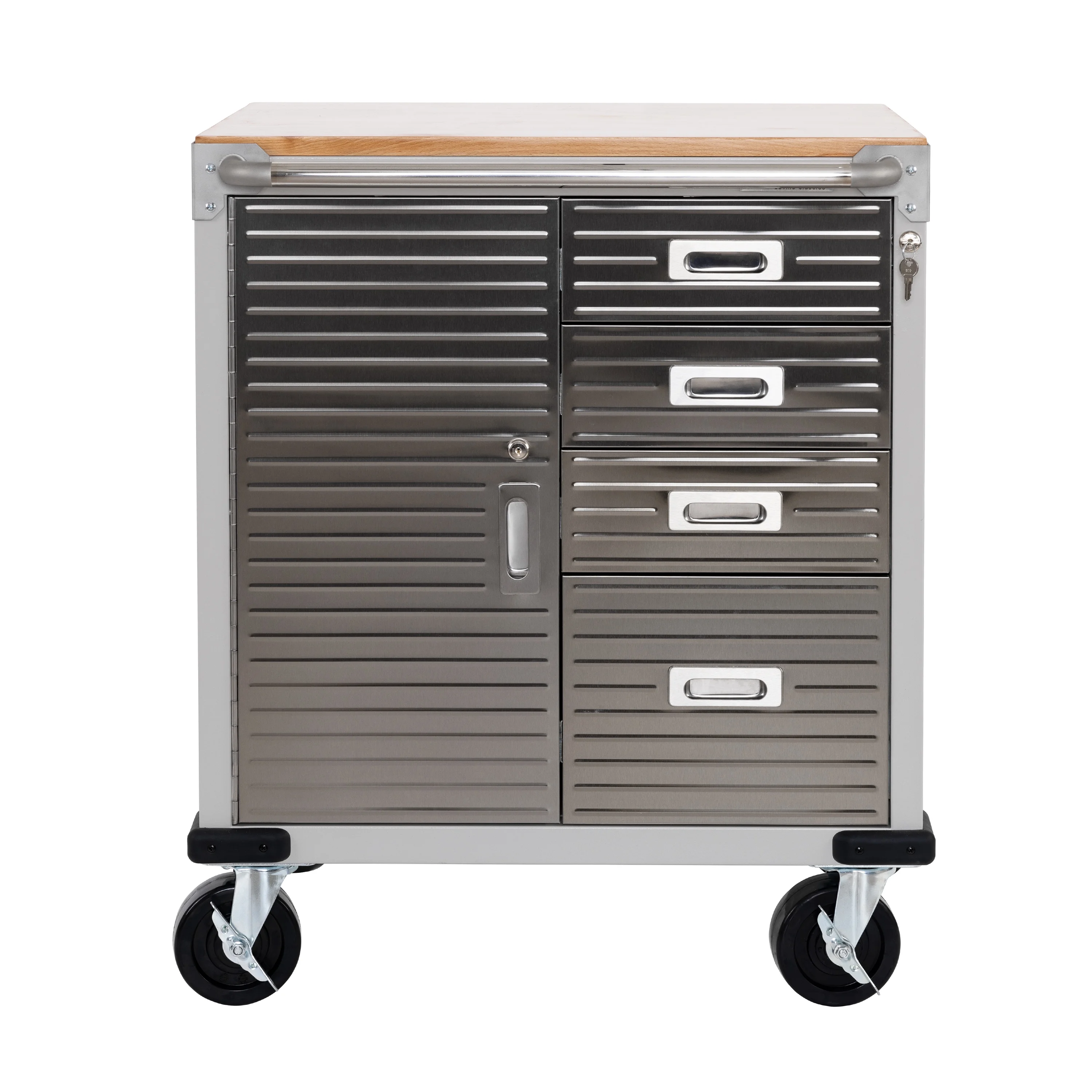 Seville Classics UltraHD® Heavy Duty Rolling Cabinet Workbench Table w/ Solid Wood Top, Workstation for Garage, Office, Workshop, Granite, 1-Door, 4-Drawer (28" W x 25" D)