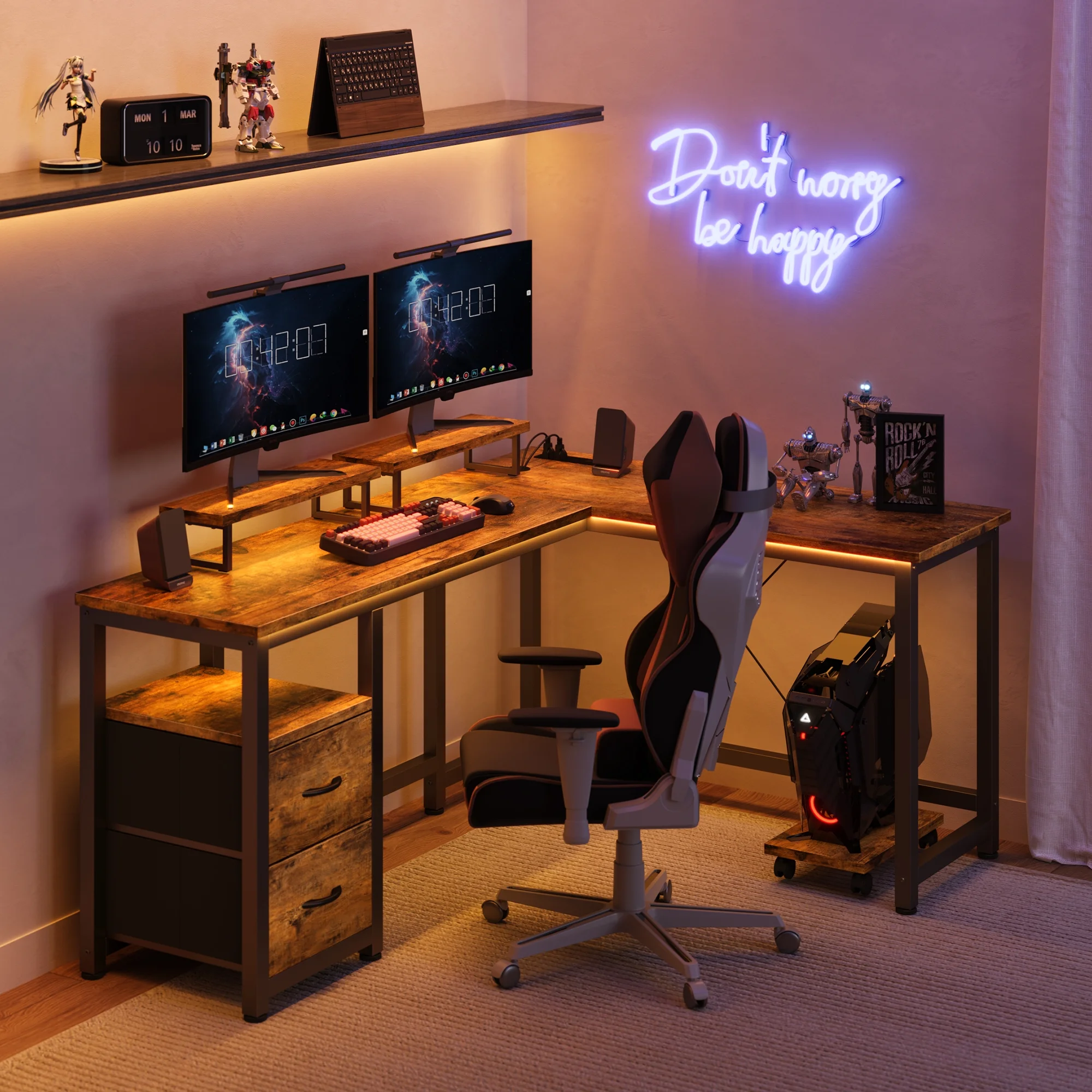 L Shaped Computer Desk, Lofka 66.14" Gaming Corner Desk with 2 Monitor Stands and 1 CPU Stands, Desk with Drawers and Power Outlets, Retro