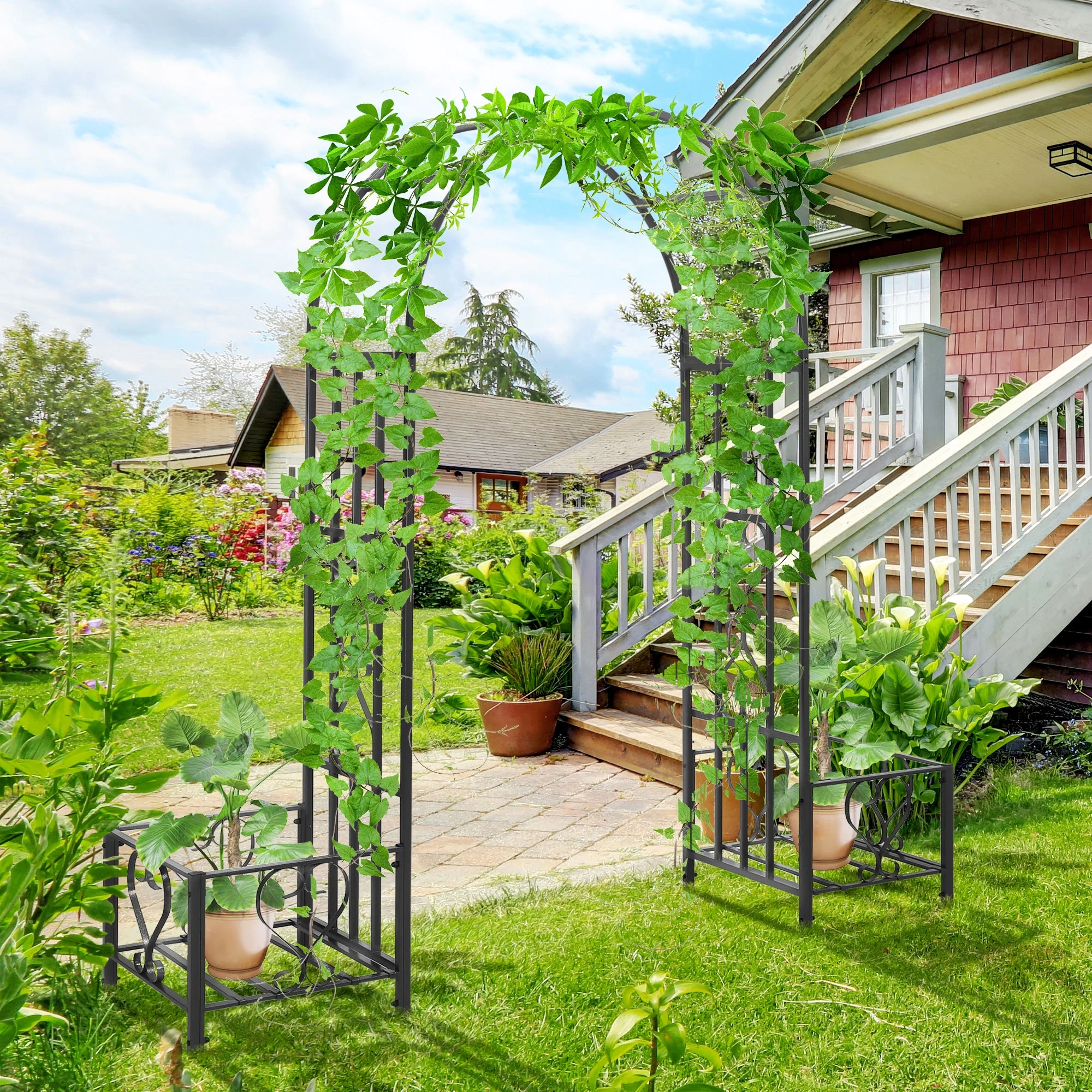 Outsunny Garden Arbor & Wedding Arch with Planters & Heart Motifs