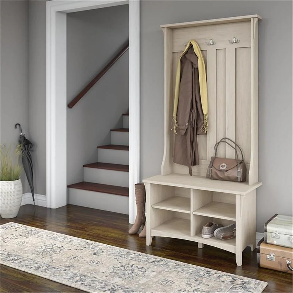 Pemberly Row Hall Tree w/ Shoe Storage Bench in Antique White - Engineered Wood