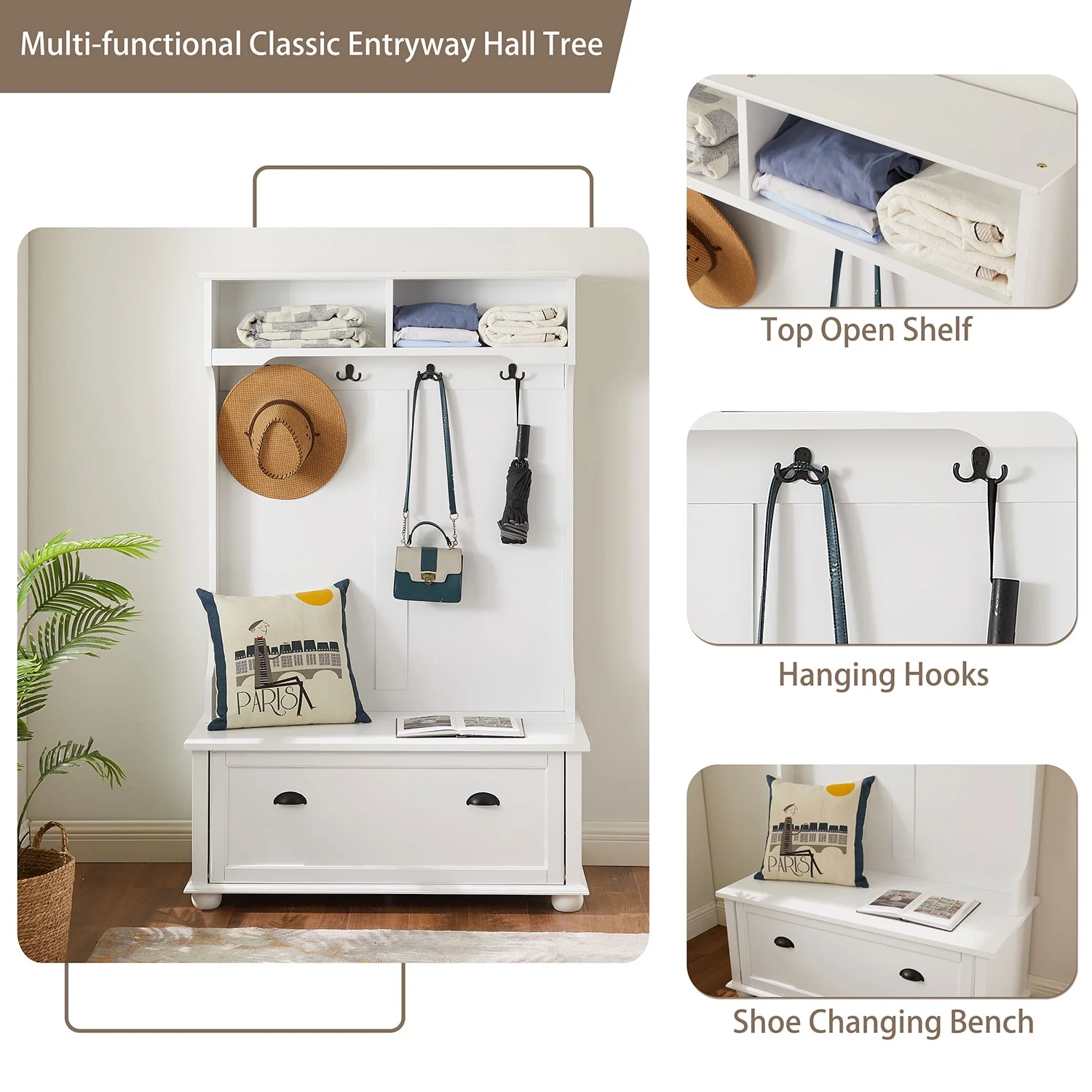 Royard Oaktree Hall Tree w/Bench and Shoe Cabinet, Wood Hallway Coat Rack w/ Door and Hooks, White