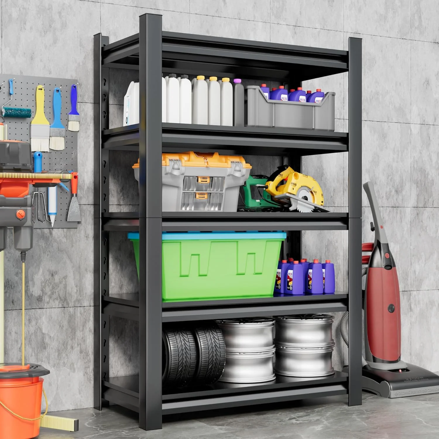 Metal Garage Shelving Unit,78"H Heavy Duty 5-Tier Adjustable Storage Rack,18"D x 40"W x 78"H Steel Shelving,3000 lbs Industrial Shelves for Heavy Tools and Equipment,Ideal for Garage, Basement,Black