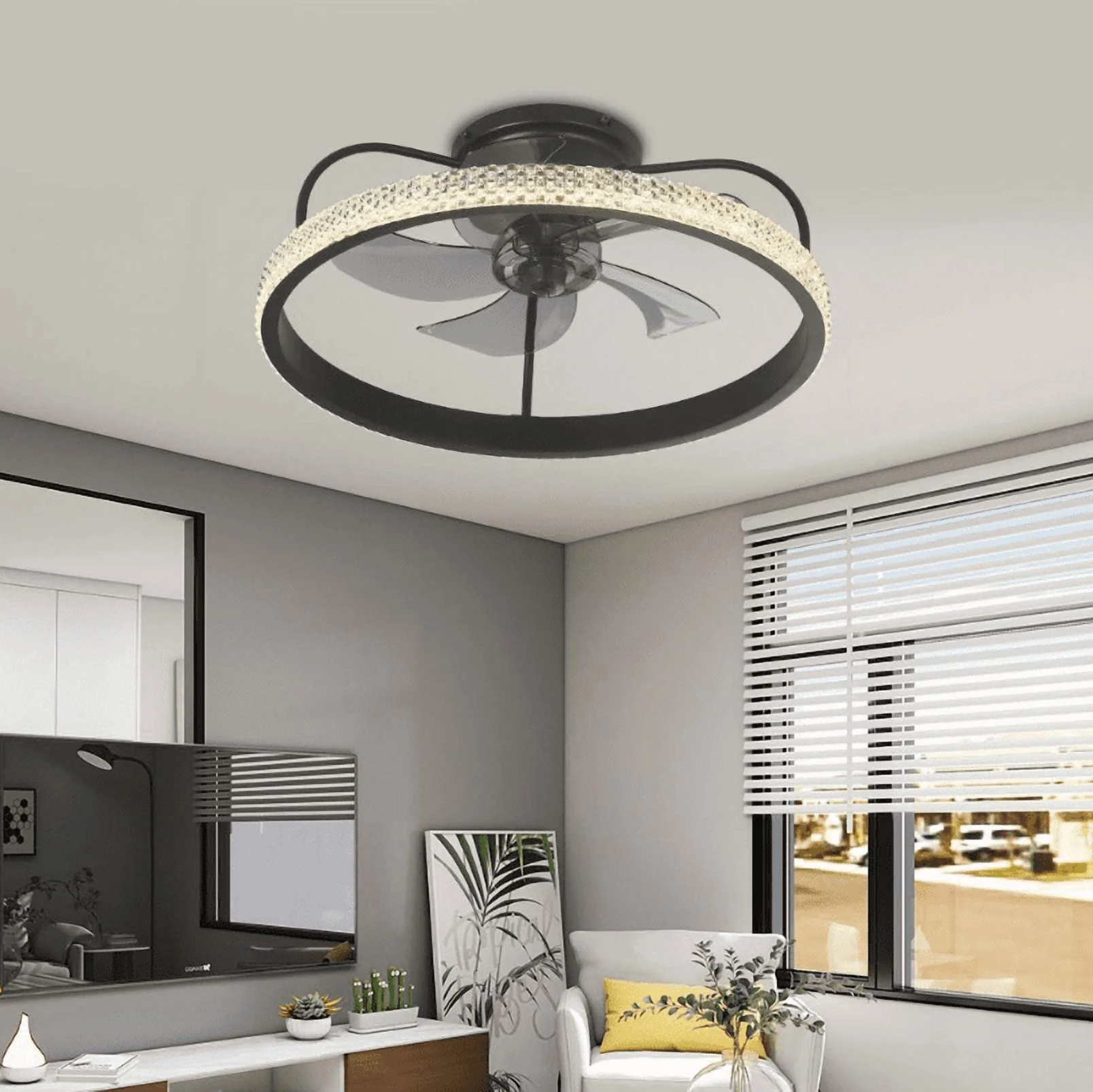 FINE MAKER 20" Ceiling Fans with Lights, Modern Bladeless Ceiling Fan with Lights Remote Control, Dimmable 3 Color 6 Wind Speeds LED Low Profile Ceiling Fan for Bedroom, Living Room, Kids Room