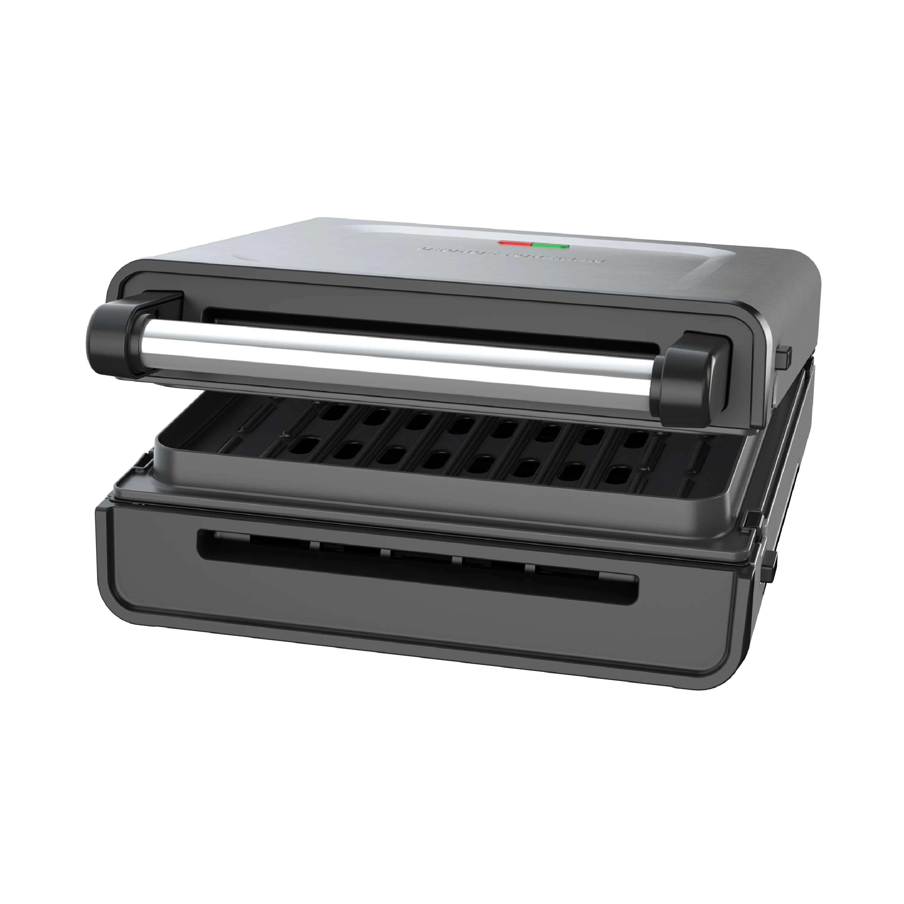 Open Box George Foreman 4C6 Serving Electric Indoor Grill, Contact Smokeless Grilling with Removable Plates and Drip Tray, Stainless Steel Housing