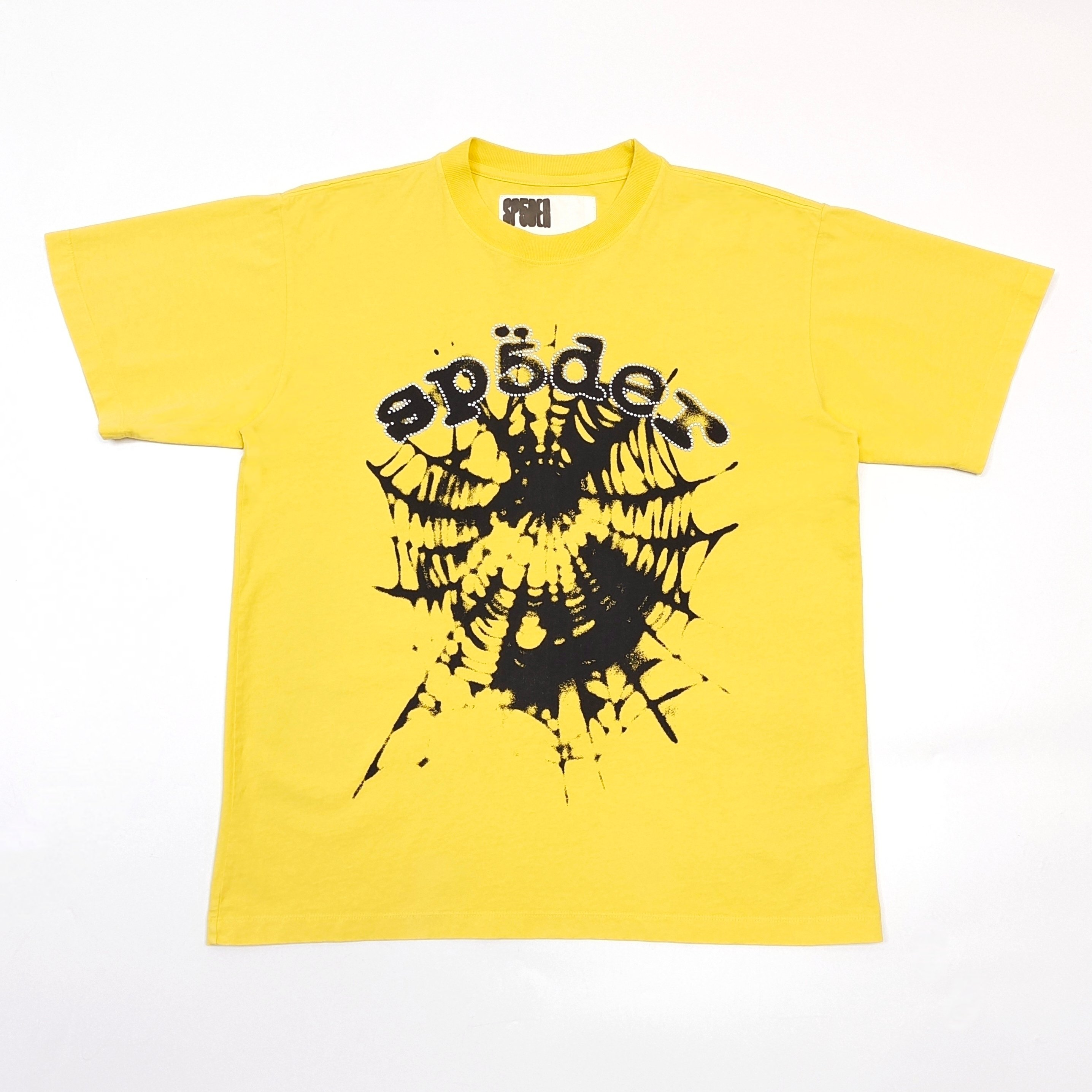 High-quality rhinestone-decorated black-lettered yellow T-shirt