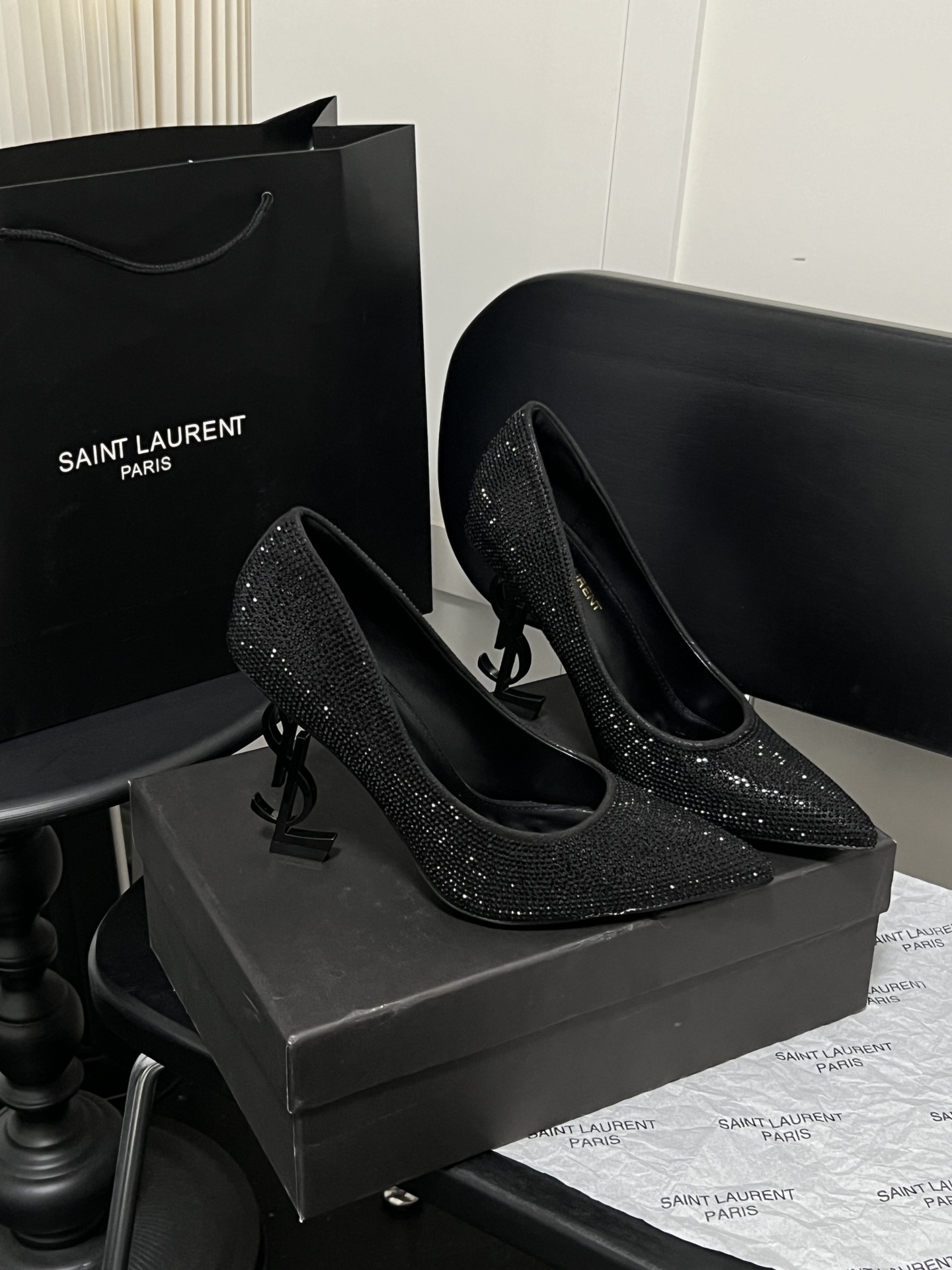 YSL Opyum Full Crystal Leather Silver & Black YSL Logo Pointed Toe Pumps High Heels