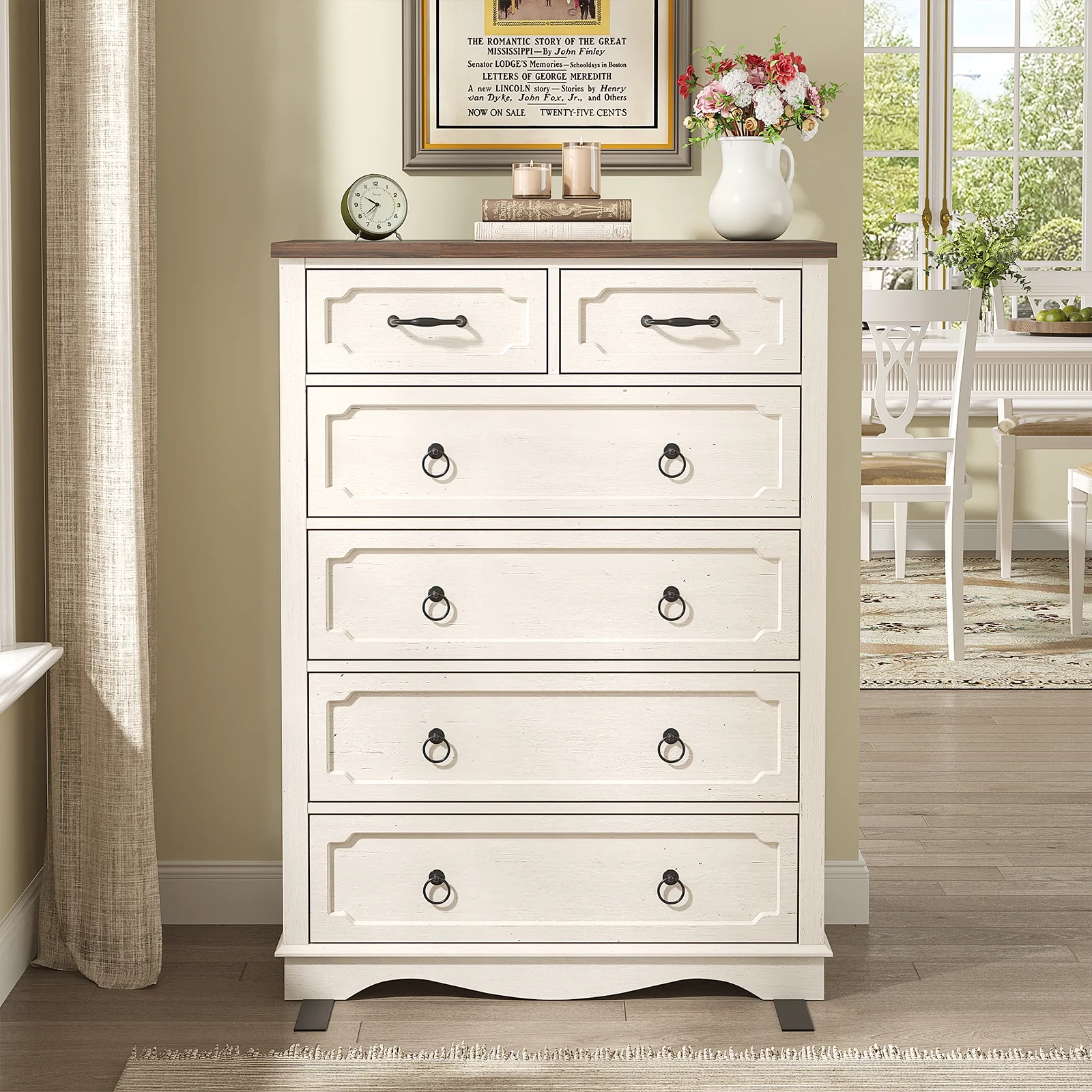 Vabches Farmhouse 6 Drawer Dresser, 43" Tall Chest of Drawers for Bedroom, Living Room, Hallway, Entryway, Antique White