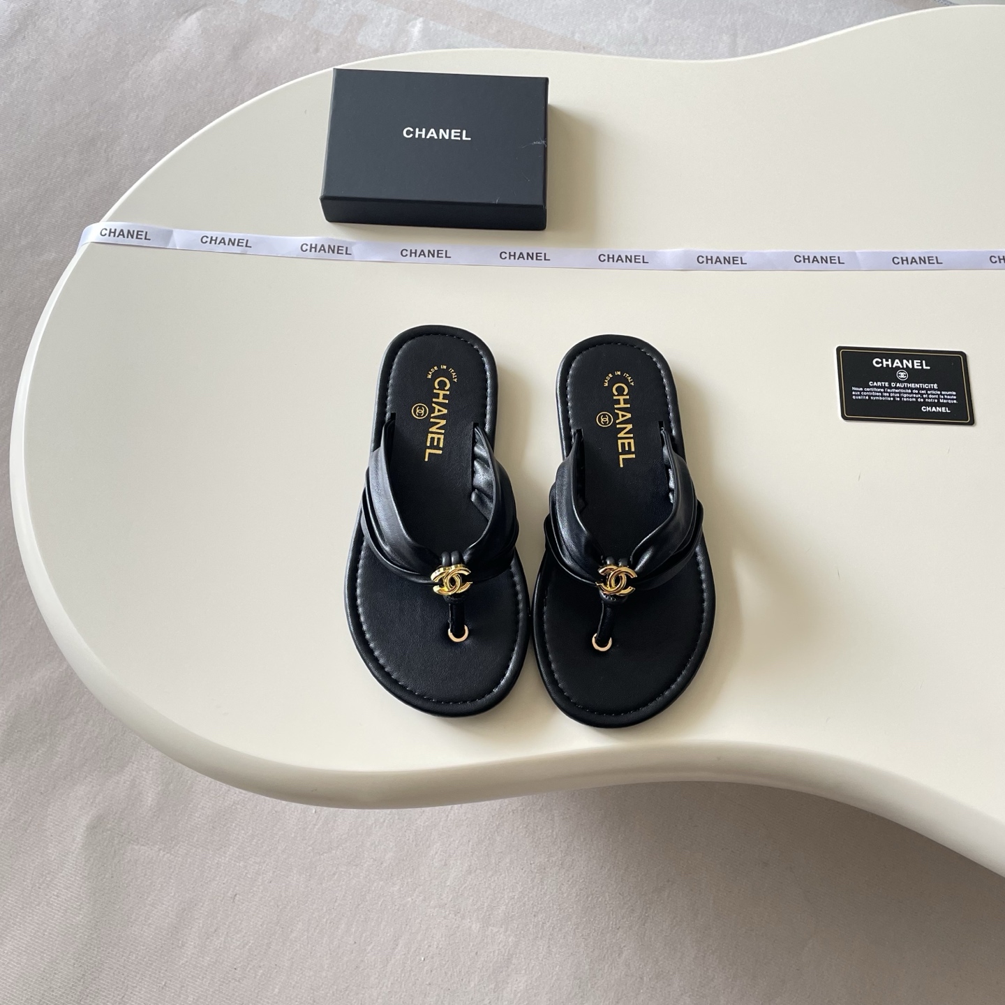 Chanel CC Logo Ruched Thong Sandals