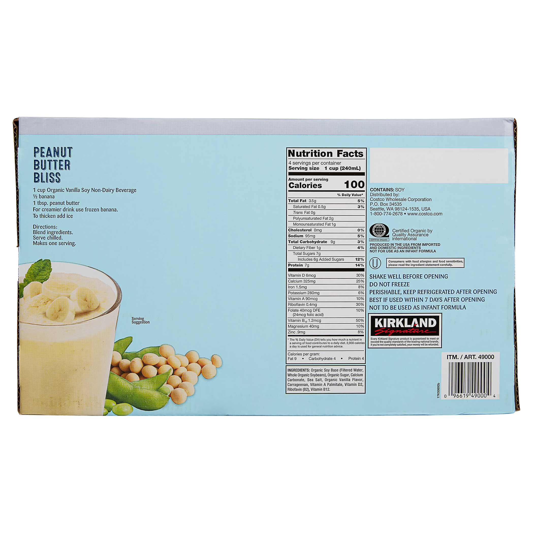 Kirkland Signature, Organic Soy Beverage, Vanilla, 32 fl oz, 12-Count
