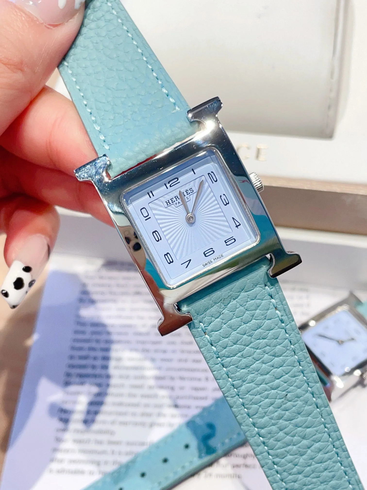 Hermes Watch HEURE H 26 SILVER BLUE DIAL EPSOM LEATHER