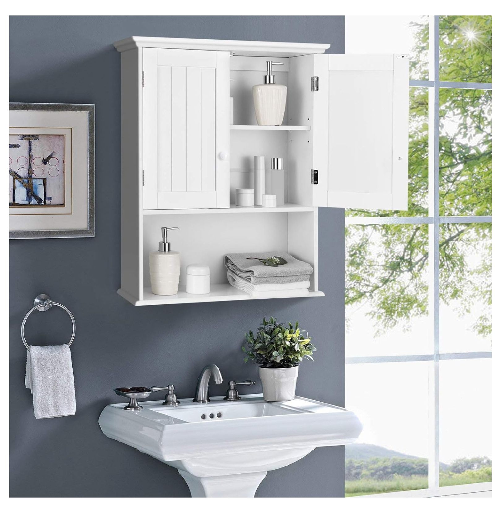 Ditangy Wall Mounted Bathroom Cabinet, Over The Toilet Storage Cabinet w/Double Doors & Adjustable Shelf, Wood Hanging Medicine Cabinet for Living Room, Entryway, Kitchen (White)