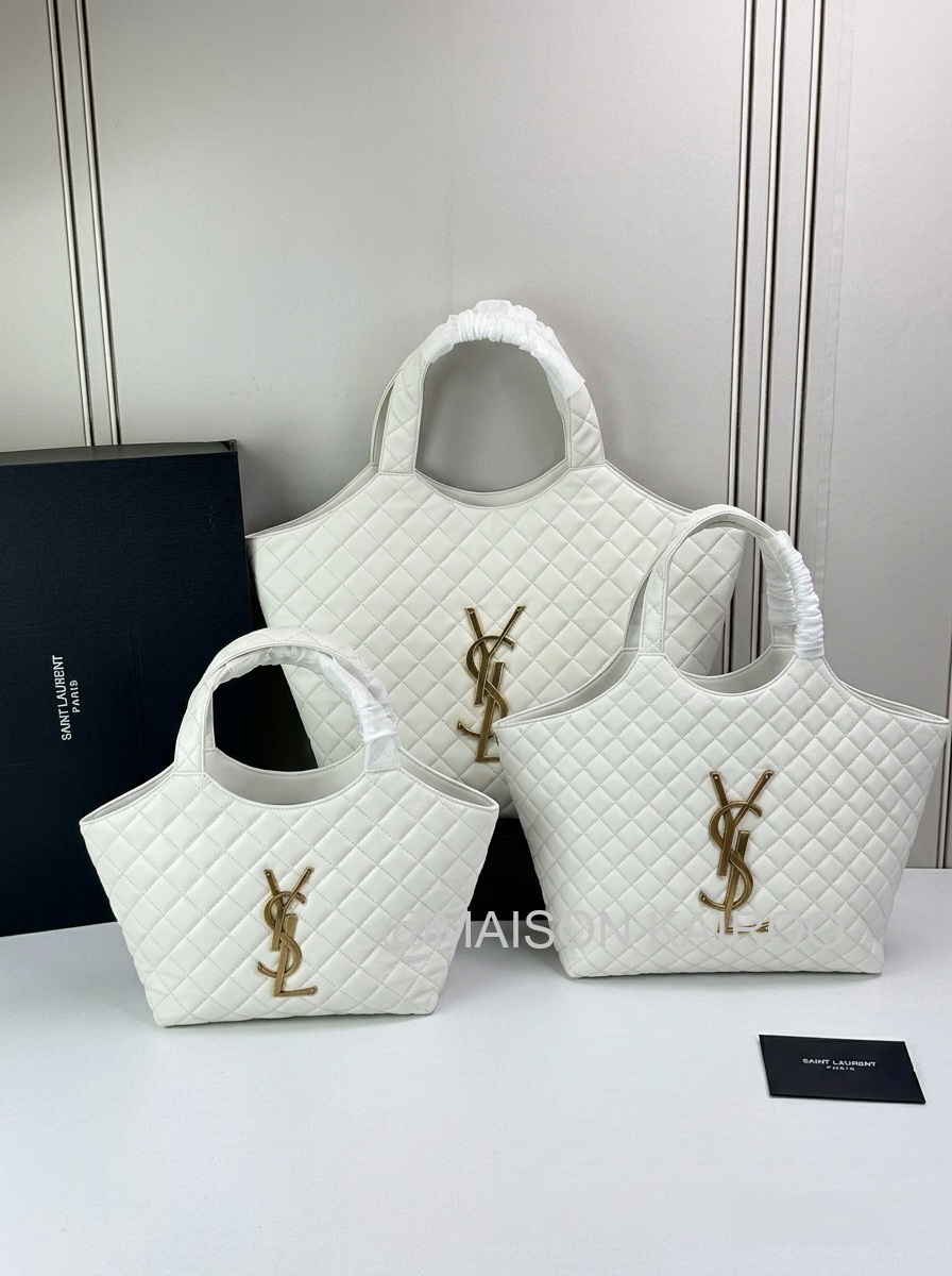 YSL Icare Maxi/Med/Small White Monogram Quilted Leather Tote Bag With Pouch