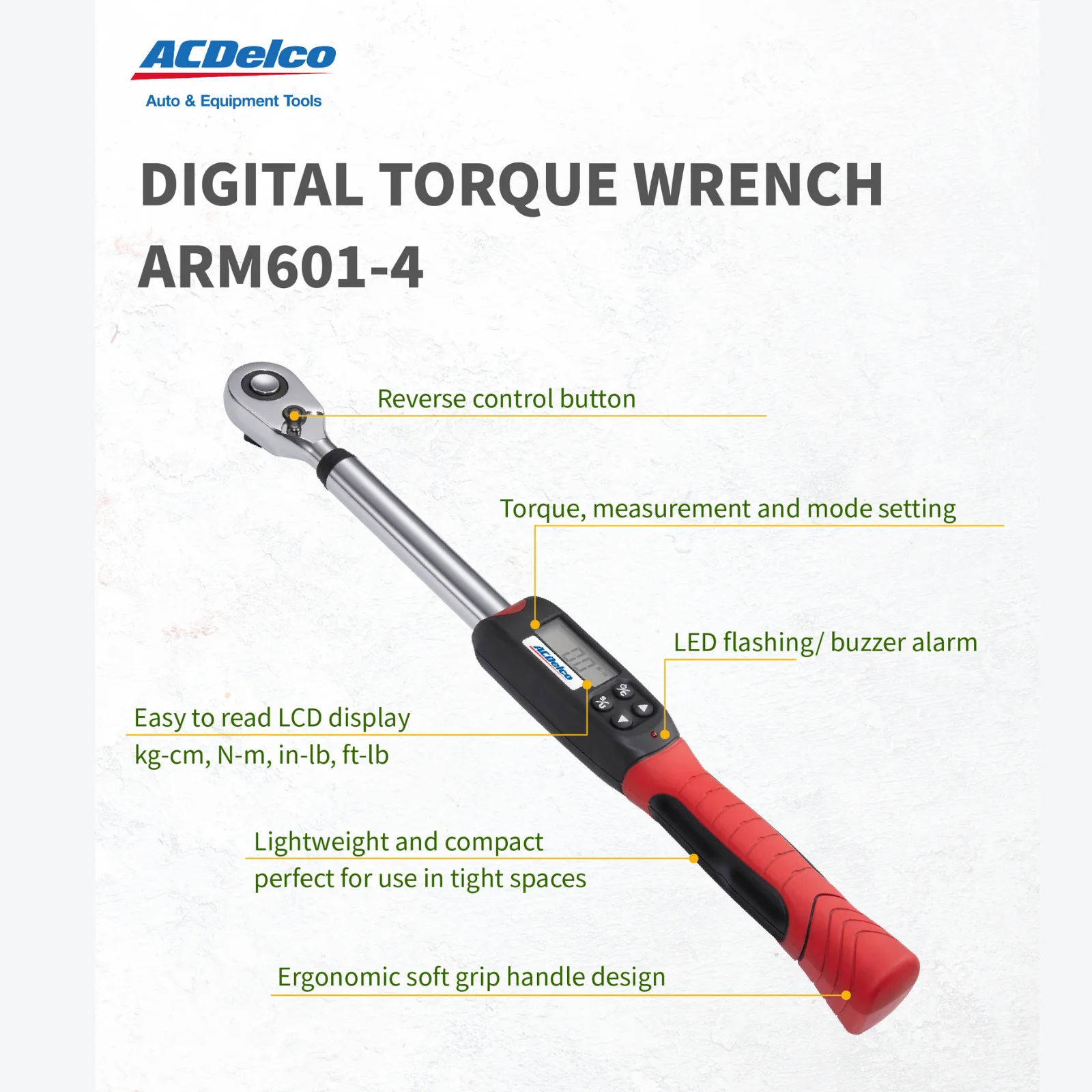 ACDelco ARM601-4 1/2" (14.8 to 147.5 ft-lbs.) Heavy Duty Digital Torque Wrench with Buzzer and LED Flash Notification-ISO 6789 Standards with Certificate of Calibration