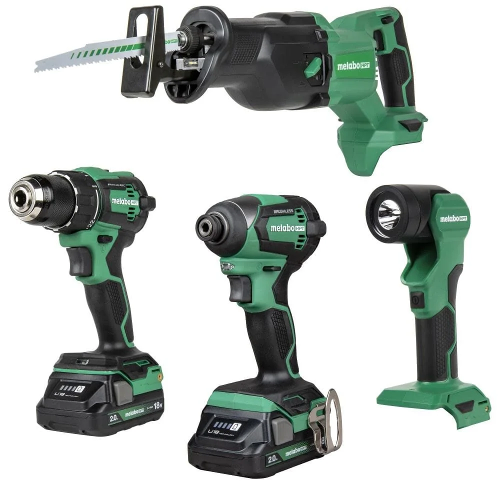 Metabo HPT 18V MultiVolt? Cordless Driver Drill, Impact Driver, Reciprocating Saw, and Torchlight 4-Pc Combo Kit | Includes 2-18V 2.0Ah Batteries | Lifetime Tool Warranty | KC18DEX4