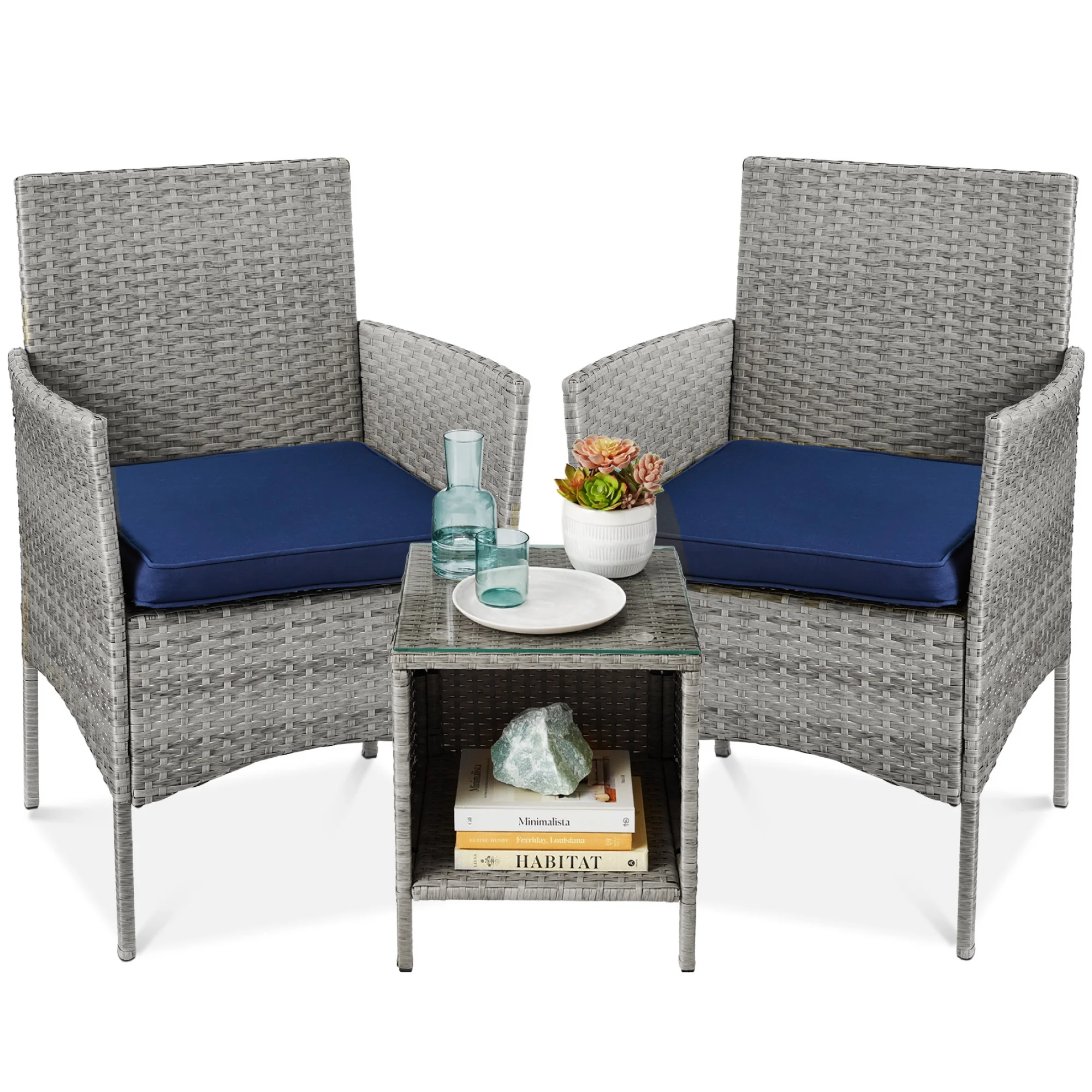 Best Choice Products 3-Piece Outdoor Wicker Conversation Patio Bistro Set, w/ 2 Chairs, Table - Gray/Navy