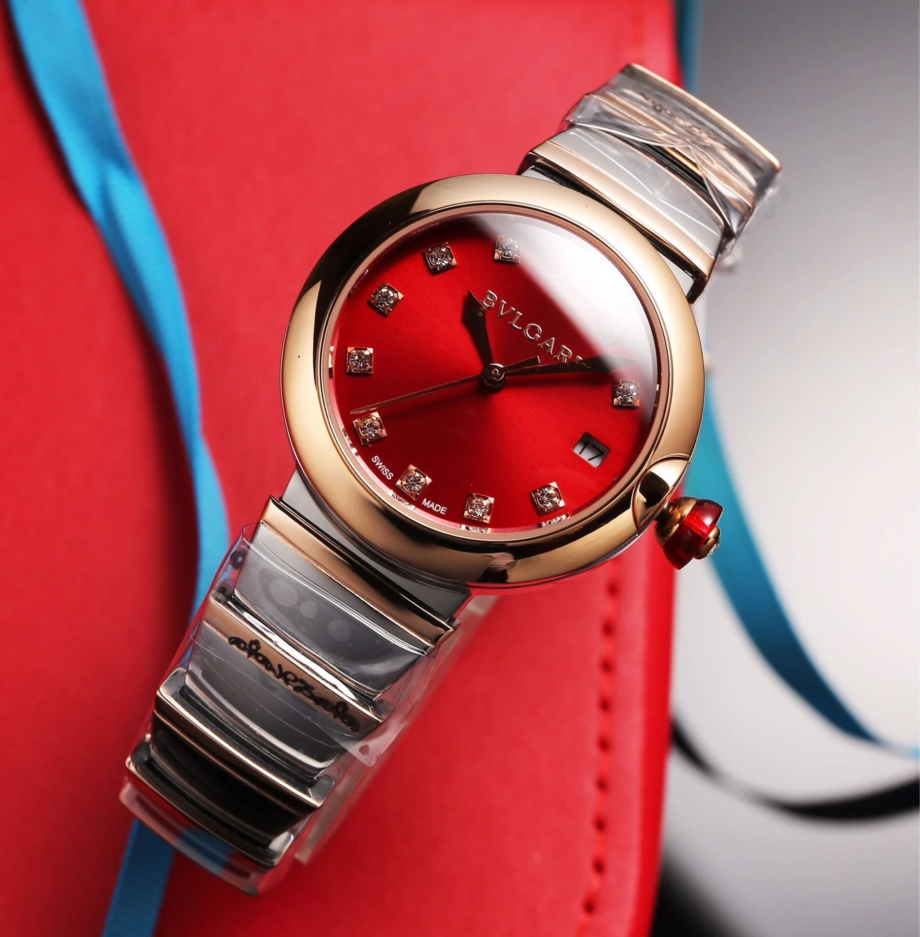 BVL Watch LVCEA 33 PINK GOLD STEEL RED DIAL