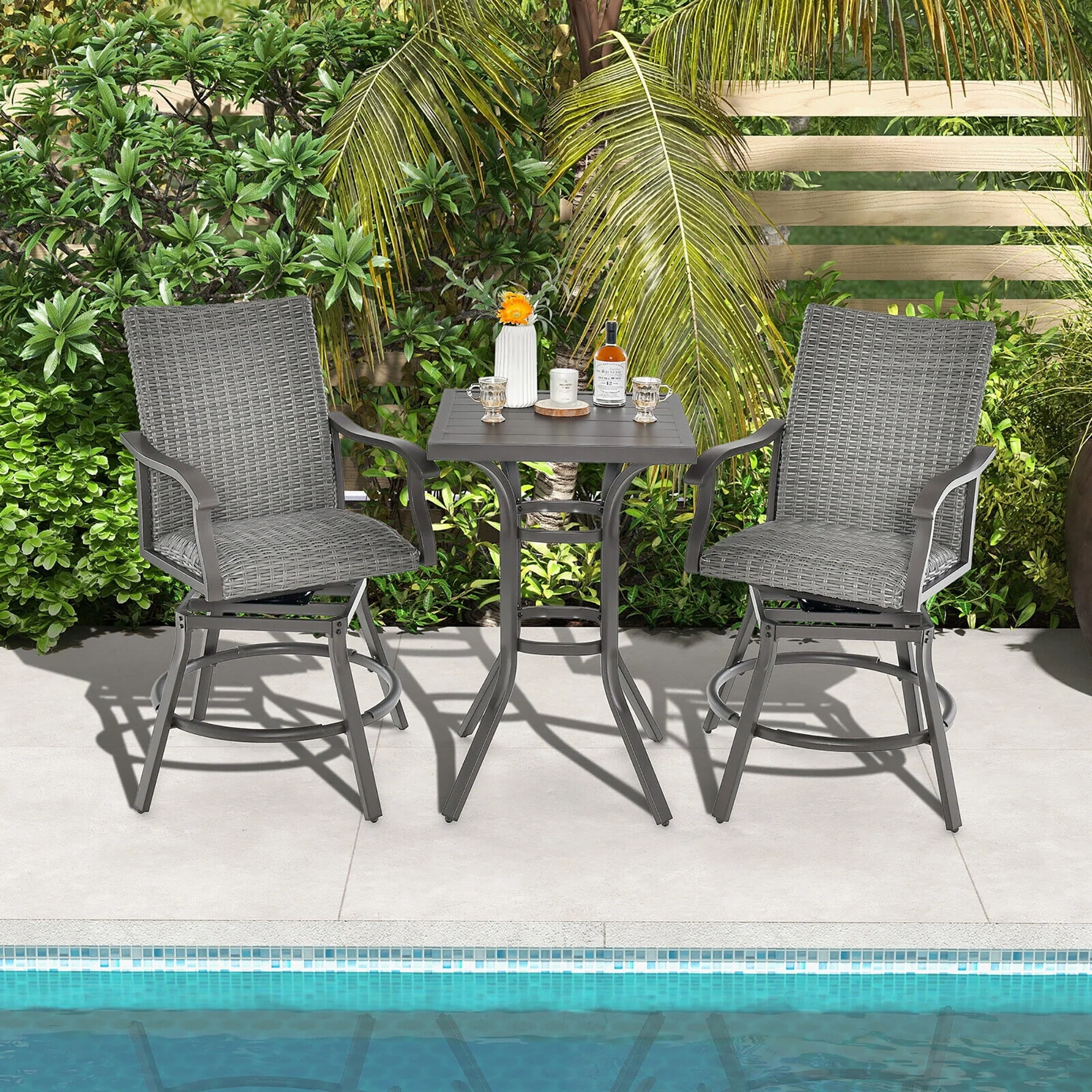 Gymax 2PCS Patio Wicker Aluminum 360° Swivel Bar Height Chairs W/4D Air Fiber Balcony