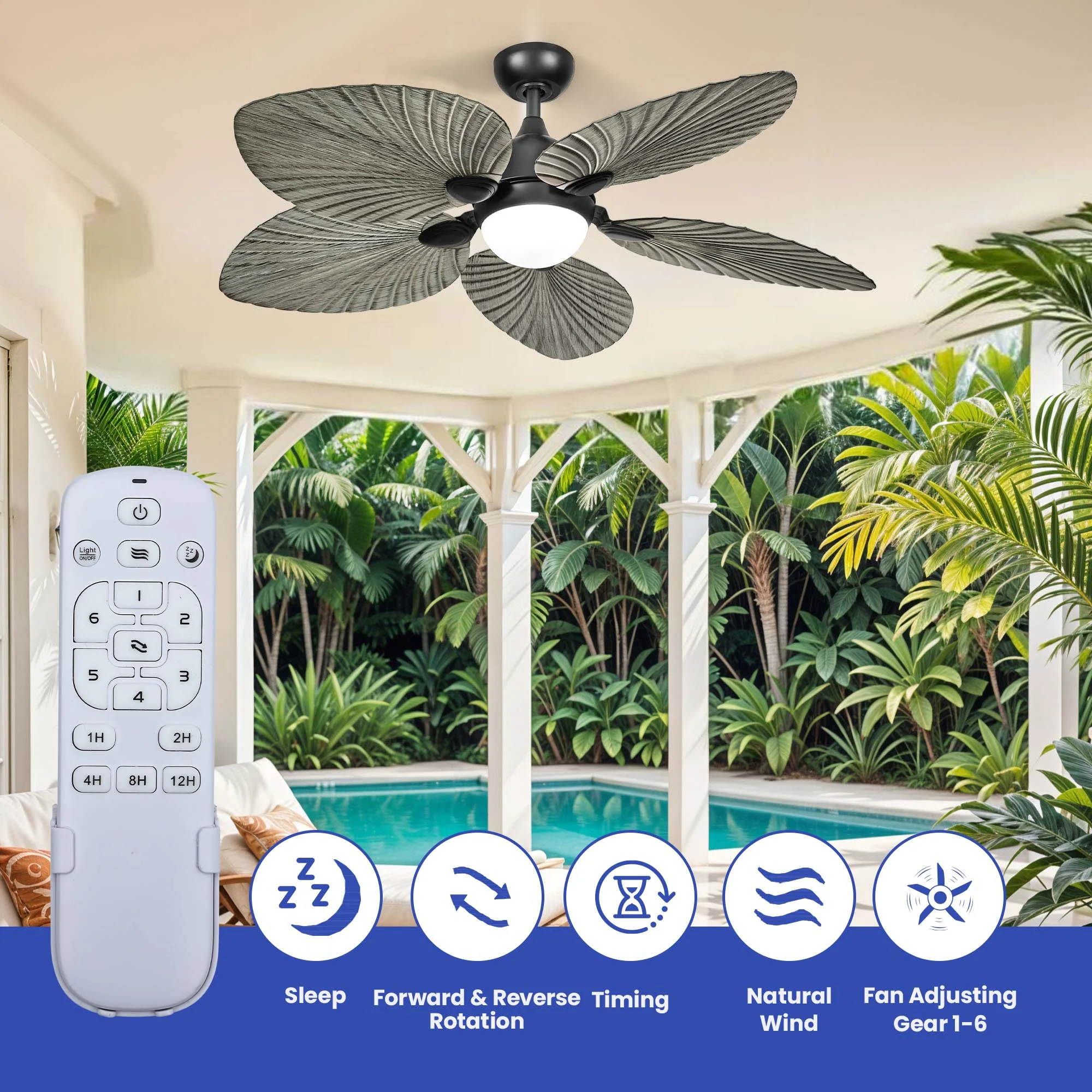ModFusion 52" Gray Black Coastal Ceiling Fan with Palm Leaf Blades, LED Light & Remote C Quiet Reversible DC Motor Indoor/Outdoor