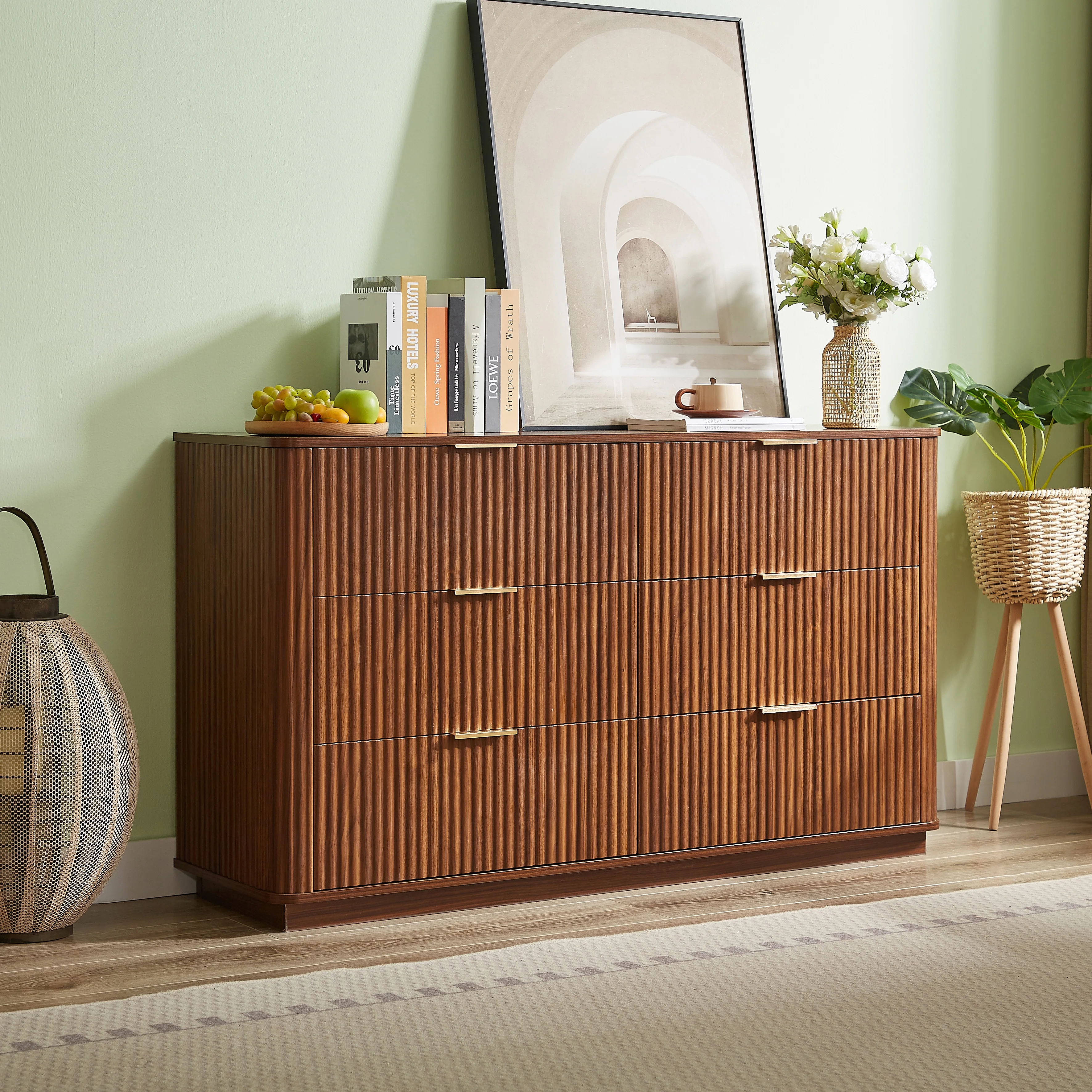 6 Drawers Dresser,55" Wide Modern Chest of Drawers Curved wave Design, Dresser TV Stand, Wood Drawer Organizer for Bedroom, Living Room, Hallway, Walnut