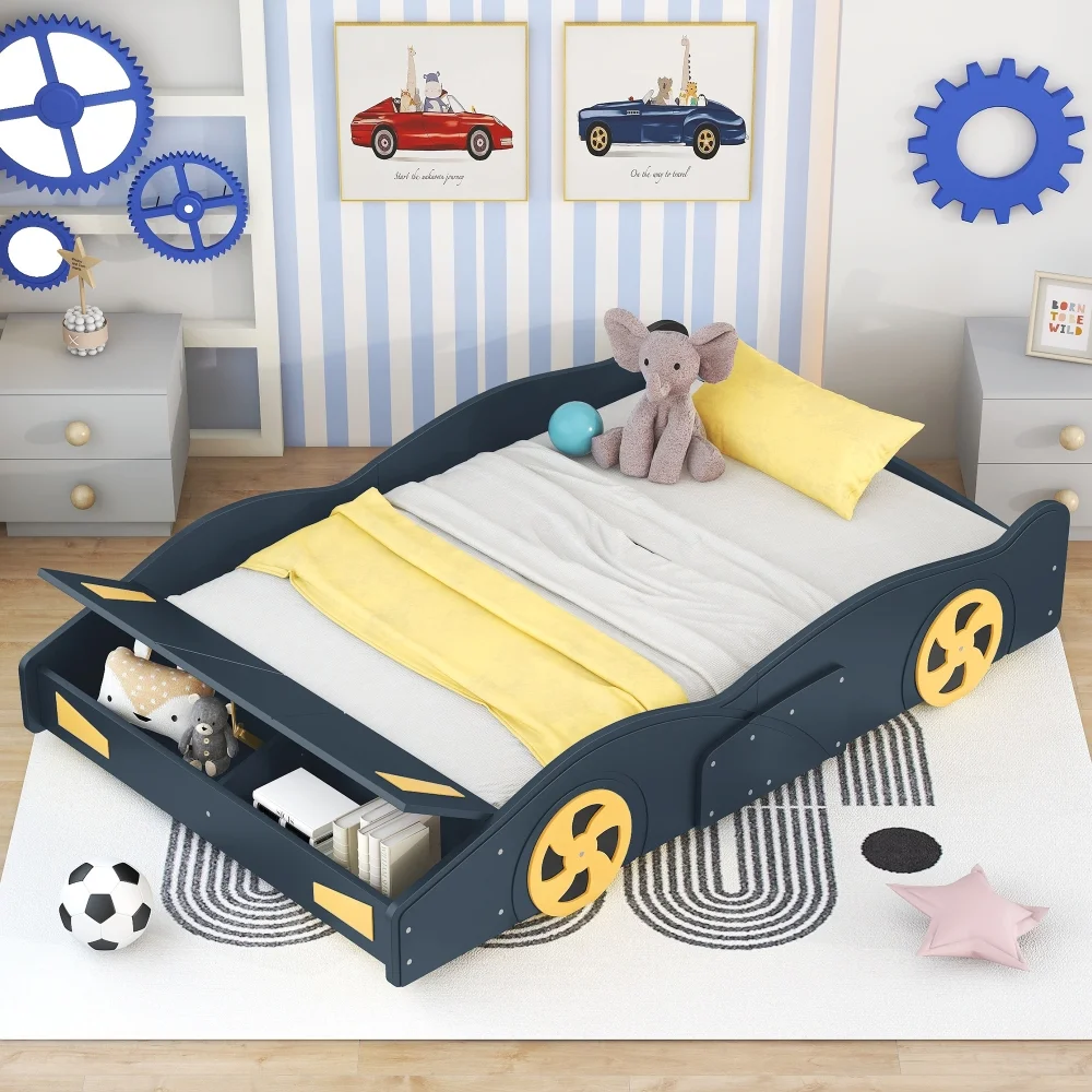 Full Size Modern Race Car-Shaped Platform Bed with Wheels and Storage, Solid Wood Platform Bed Frame with Sturdy Slat Support for Kids, Boys, Girls(Dark Blue)