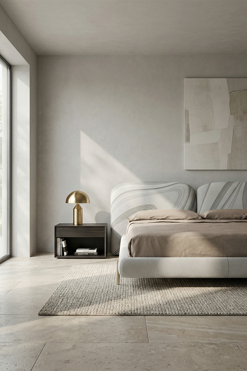 Italian minimalism, stone fabric bed, modern light luxury, double bedded master bedroom double bed, brass metal feet, creamy style