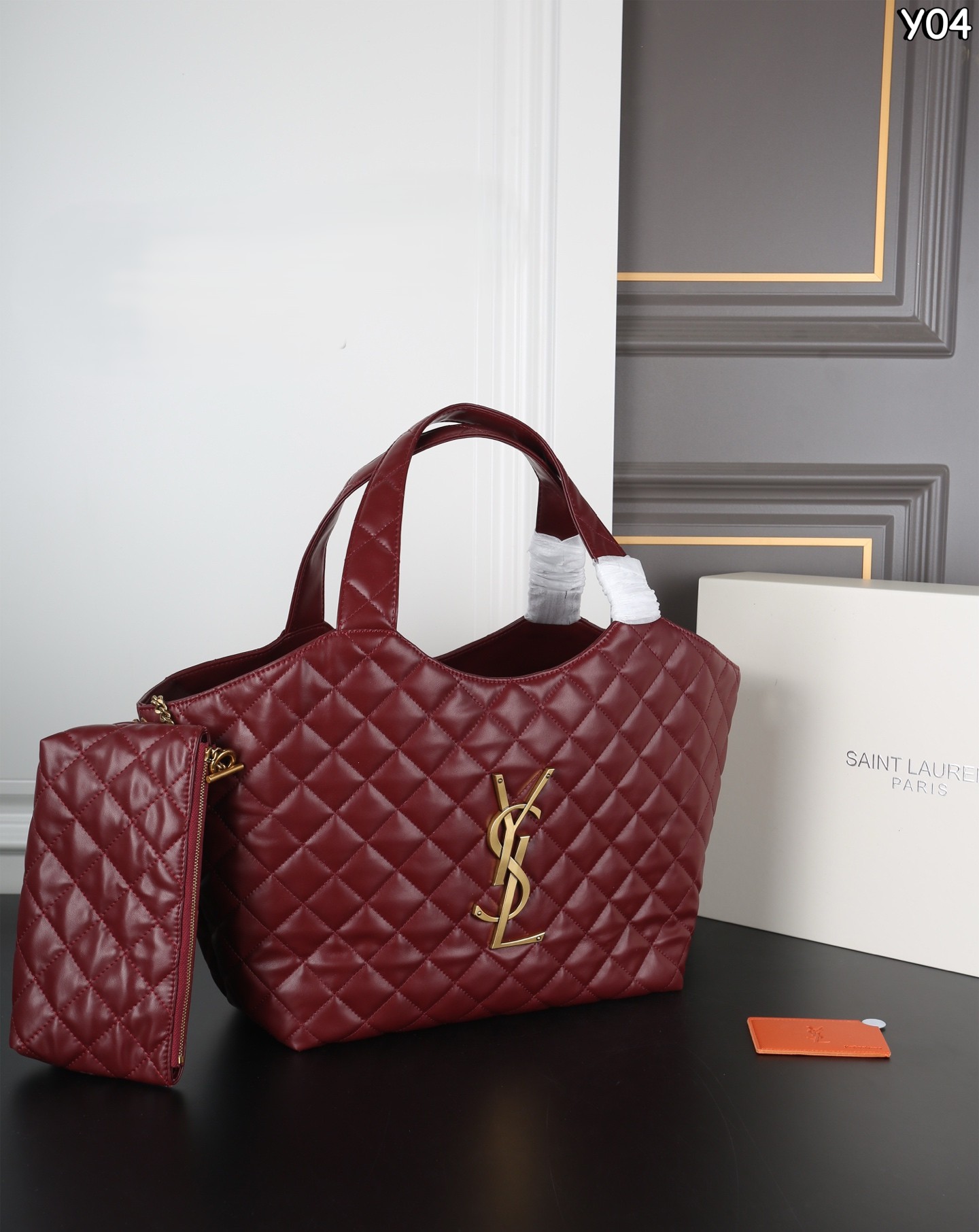 YSL Icare Maxi/Med/Small Red Monogram Quilted Leather Shopping Tote Bag With Pouch