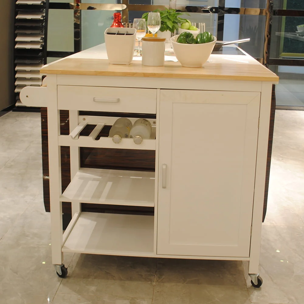 Highsound Wooden Kitchen Island Cart with 3 Shelfs and Cabinet, Kitchen Storage Carts Table with Drawer and Lockable Wheels, White