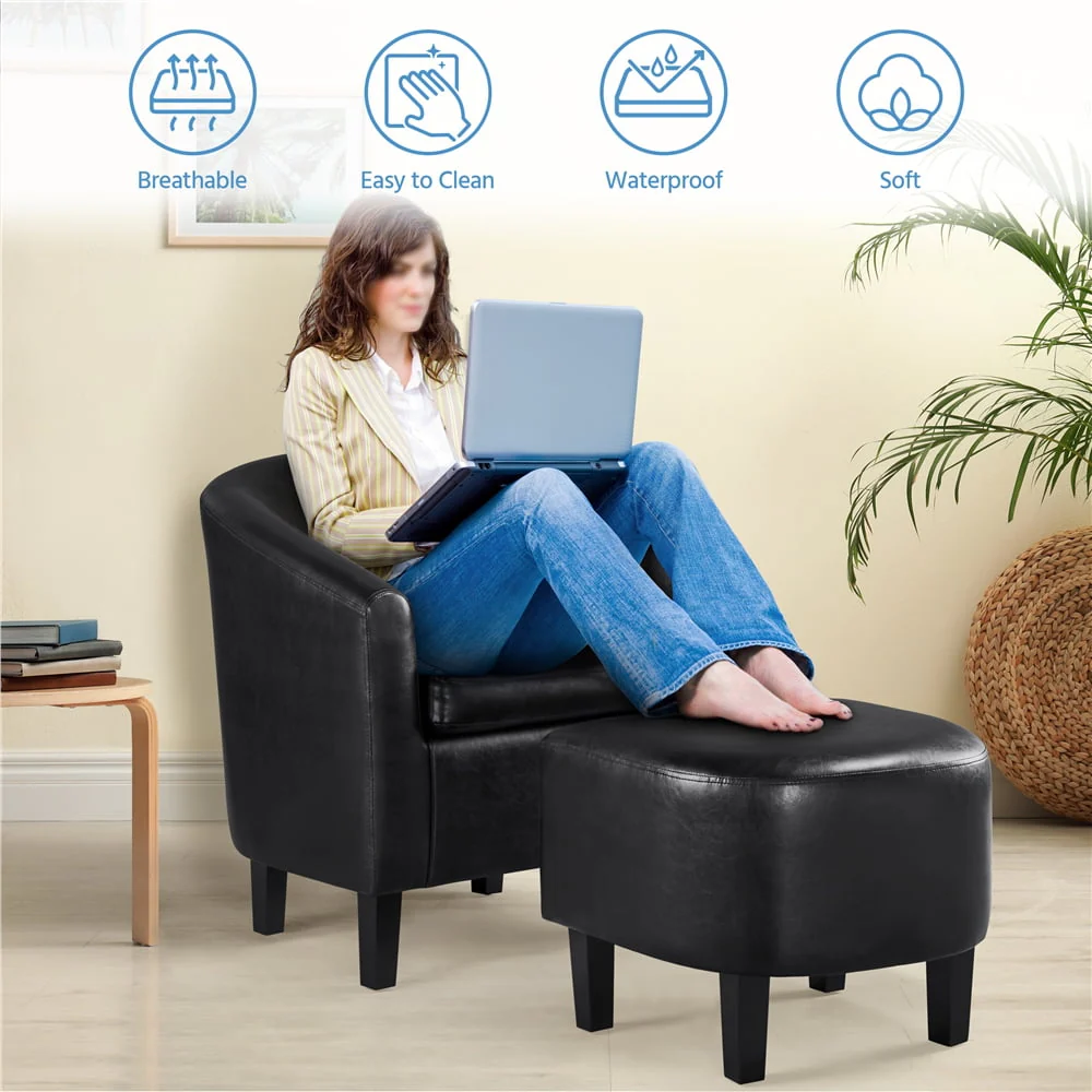 Alden Design Faux Leather Tub Chair with Ottoman, Black