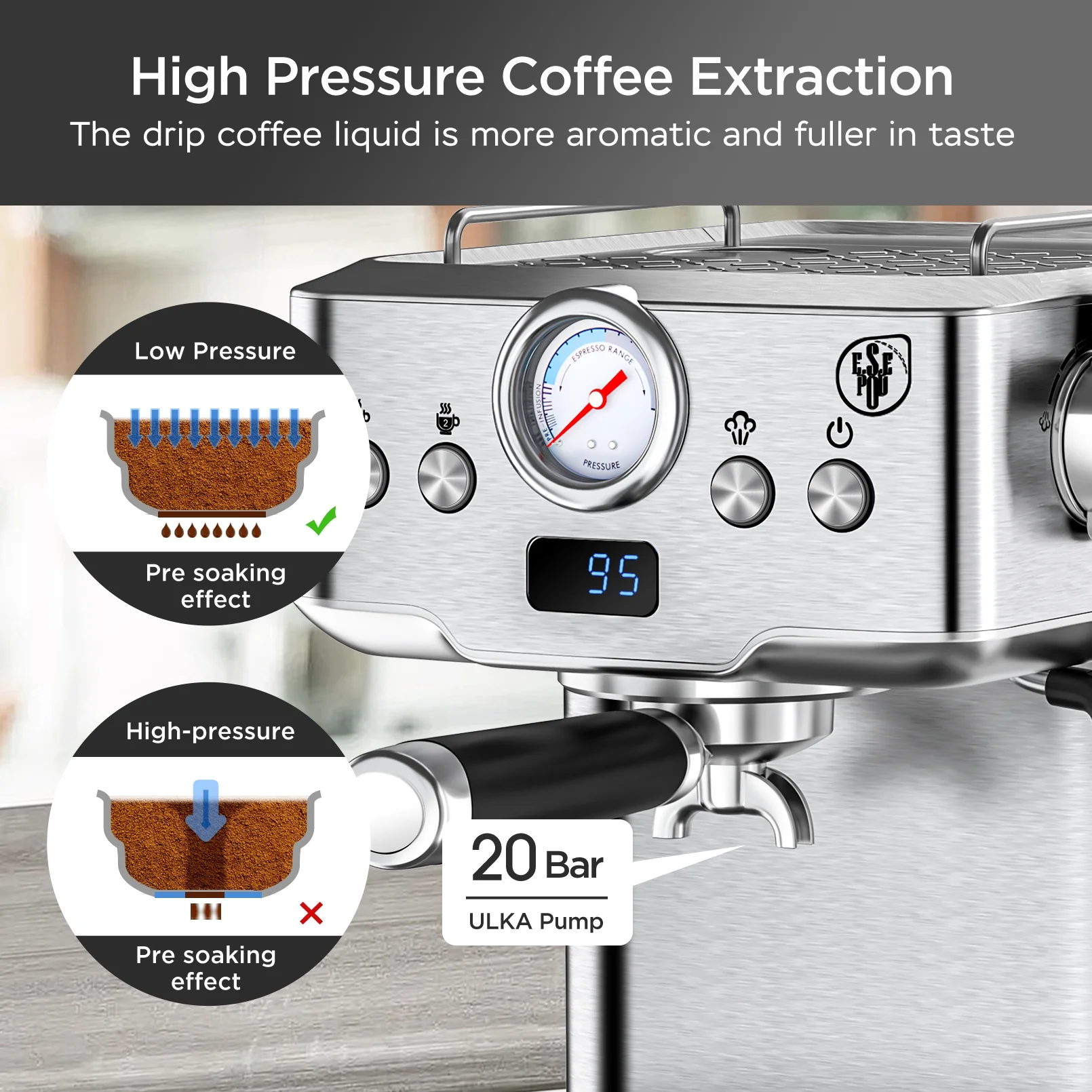 Plum Chef Espresso Machine 20 Bar Maker Coffee Machine 1.8L Water Tank, Stainless Steel, Silver