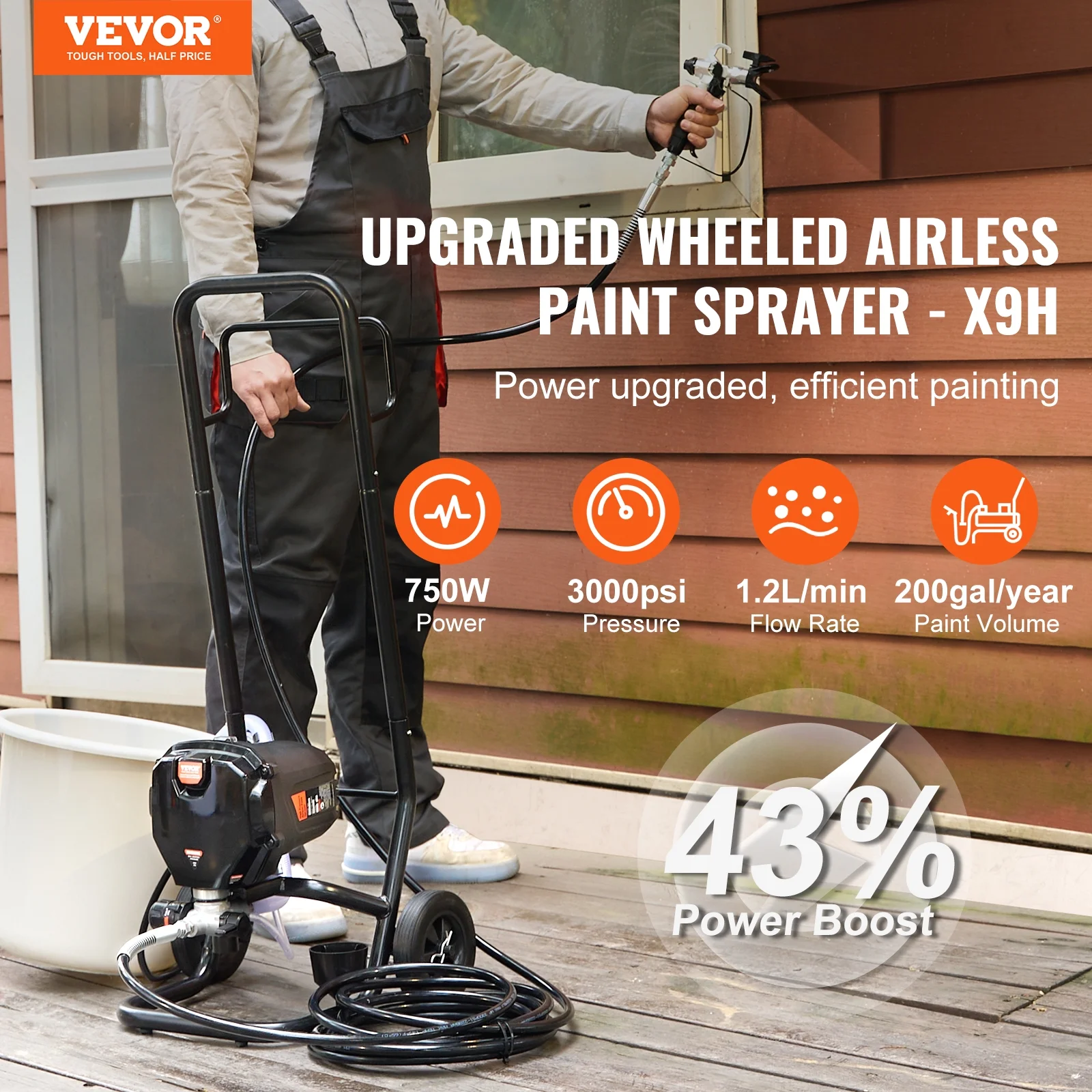 VEVOR 750W Stand Airless Paint Sprayer, 3000PSI High Efficiency Electric Airless Sprayer With Cart, Paint Sprayers for Home Interior and Exterior Furniture and Fences, Fine And Even Painting Effect