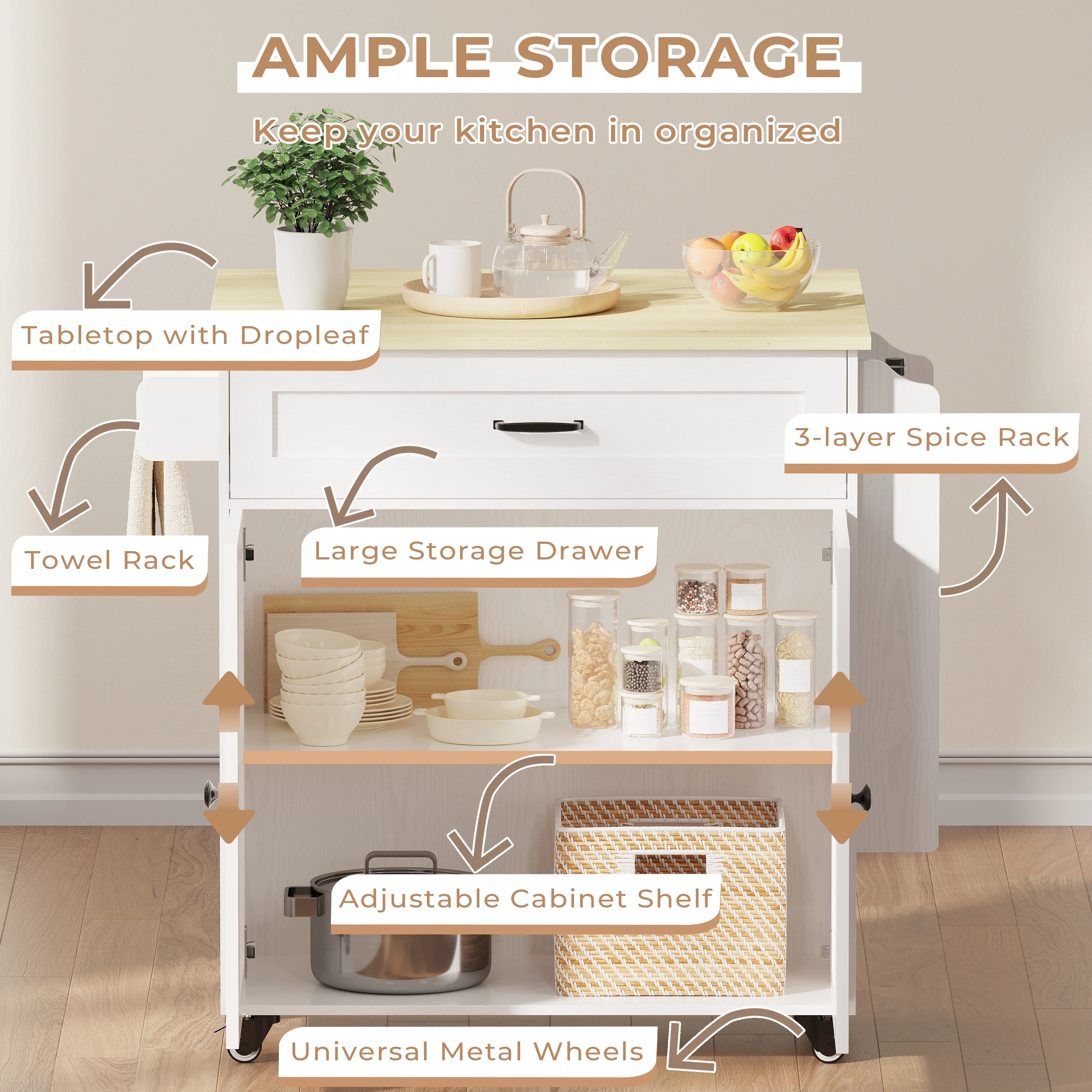 IRONCK 31.5" Rolling Kitchen Island Cart with Drop Leaf, Drawer, Adjustable Storage Cabinet, Spice Rack and Towel Holder